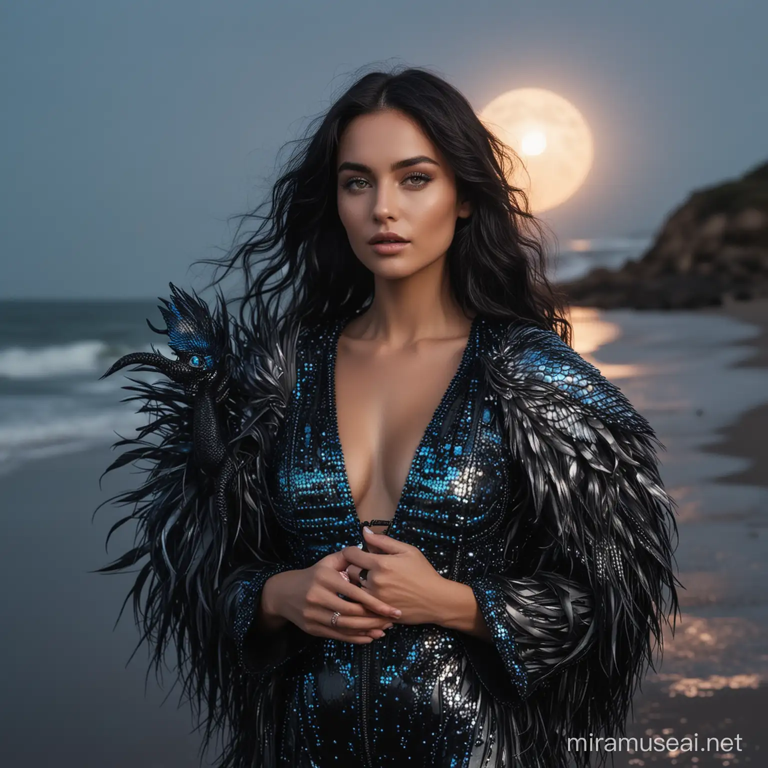 A gorgeous glowing woman model holding a metallic black blue tiny dragon, pearl iridescent colors, wearing metallic black shiny Schiapirelli inspired couture feather jacket, silver shiny crone, water are extreme long black hair, wes anderson color palette, dark night with gigantic moon beach background, 35mm photography