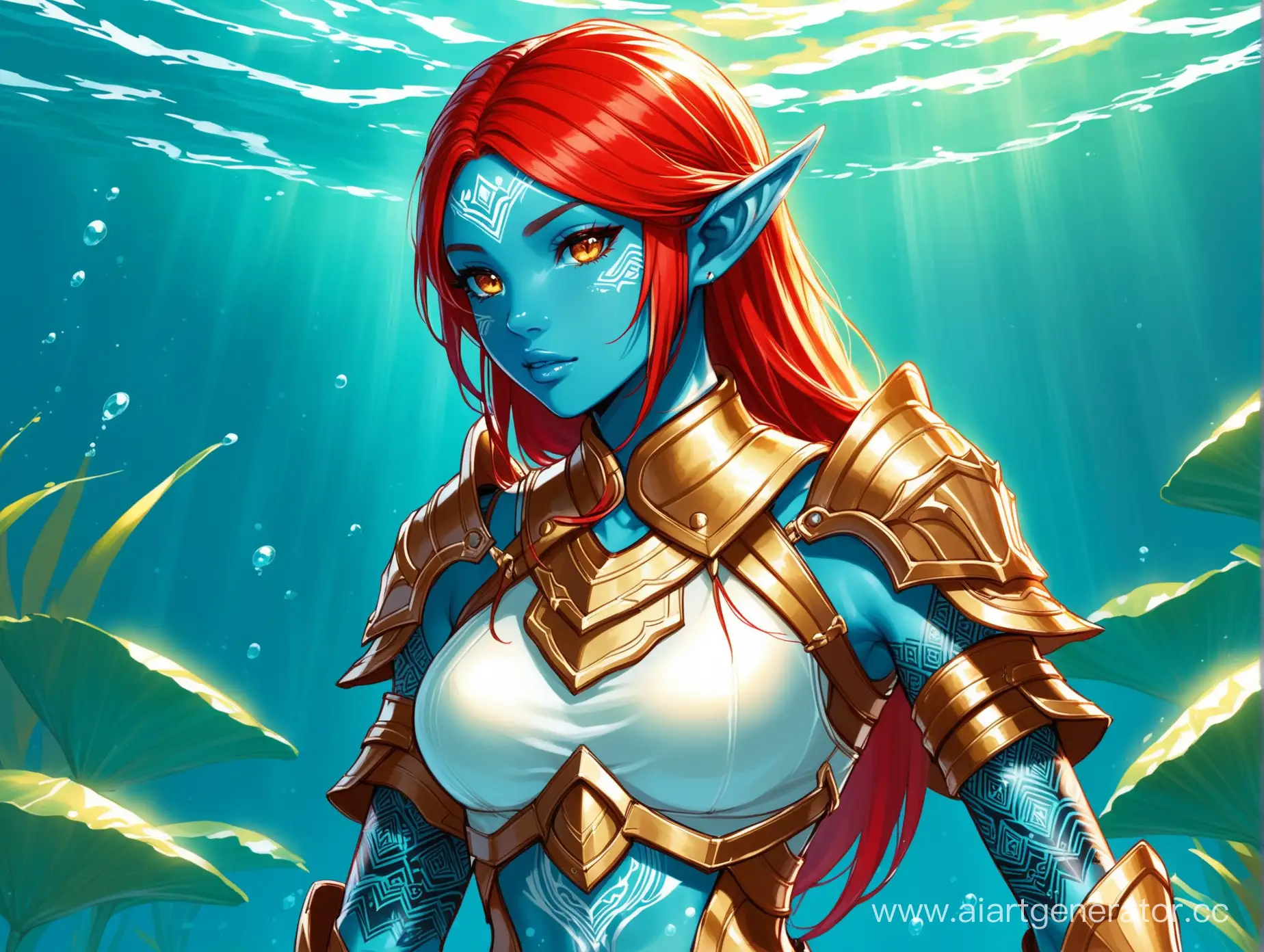 aquatic elf ranger girl in light armor, blue skin with ethnic tattoos, red hair, golden eyes