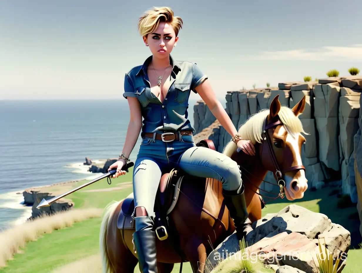 Miley Cyrus, short hair, jeans, boots, full body on horseback, riding crop in hand, atop cliff edge, grass and rocks abound, sea in the distance, confidence embodied in an arrogant expression, gaze locked with viewer.