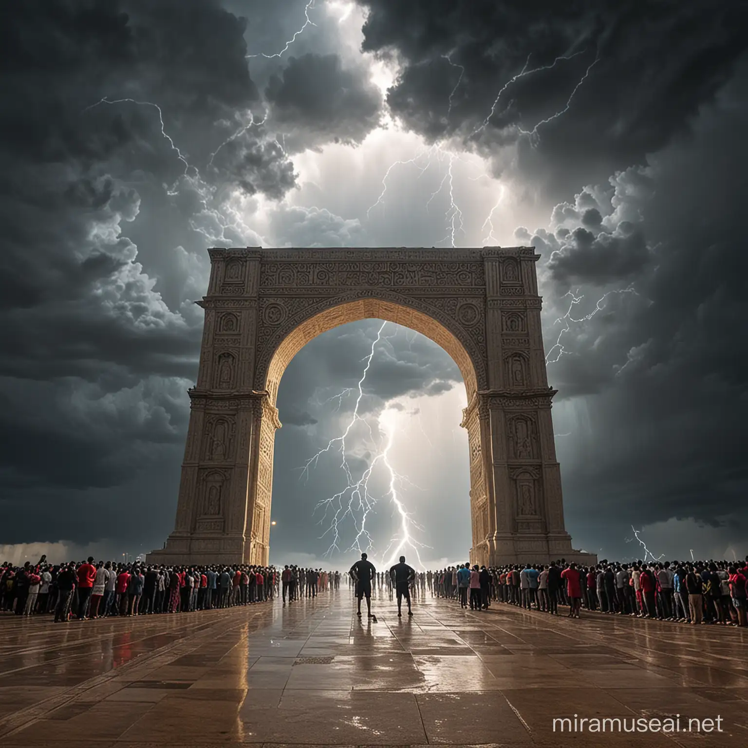 arch door in heaven filled with thunder full of light and heavy clouds with a queue of million men entering in
