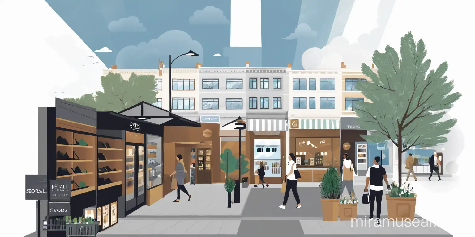 Graphic Style Illustration of High Street Shopping Lane with Retail Stores Trees and Clouds