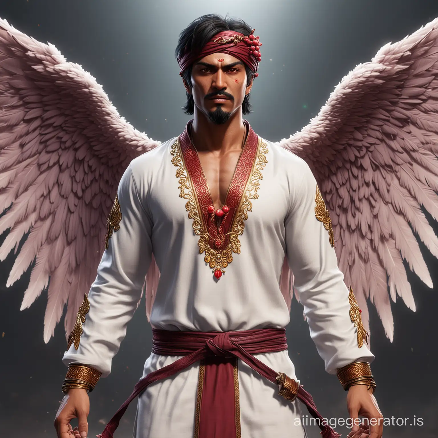a pakhar dev sing inside paradise with devil jin wings with pomegranate light eyes in modern pent shirt tekken game design IMPORTANT INFORMATION THAT I WANT TO GIVE TO YOU AND YOUR ENGINE NAMED AS ARTIFICIAL INTELLIGENCE IS THAT A PERSON NAMED AS PAKHR DEV SING IS MY ANCESTOR LIKE FATHER HE LOOKS LIKE SIKH NATION IN INDIA PAKISTAN BARESAGHEER