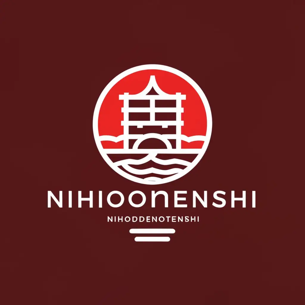a logo design,with the text "Nihondenotenshi", main symbol:A schematic white castle on a red circle emulating a sunset,Minimalistic,be used in Travel industry,clear background