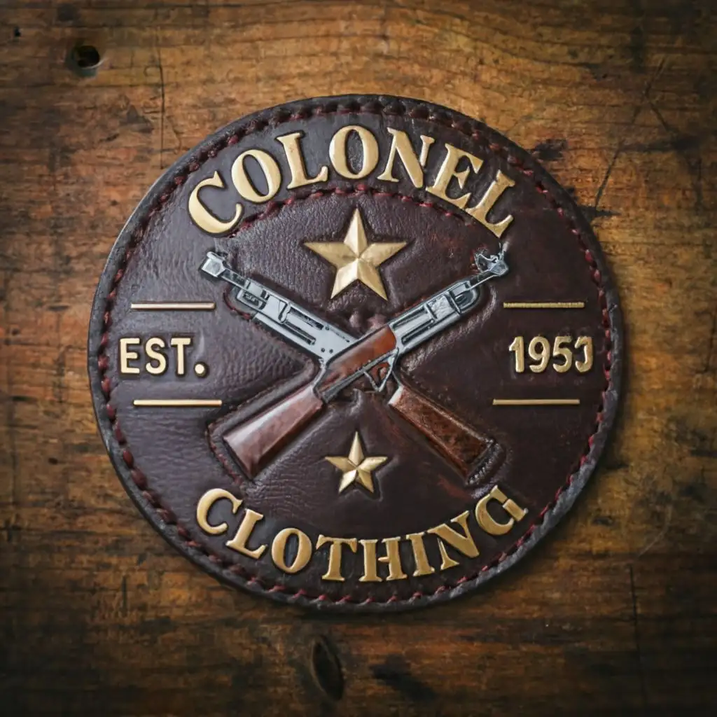 logo, logo, colonel military rank on leather patch logo with old gun, with the text "COLONEL CLOTHING", typography, more like this but spell company name "COLONEL CLOTHING"