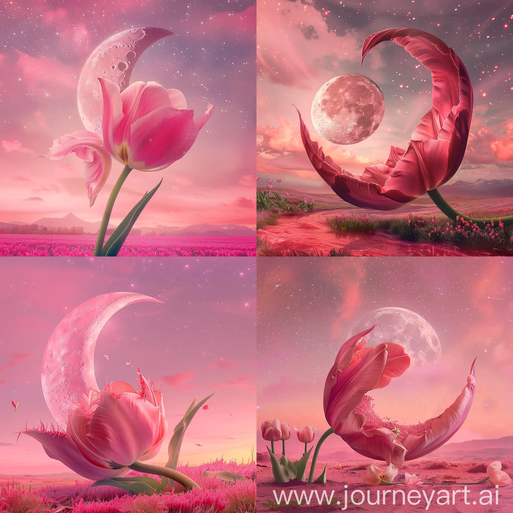 Огромная розовая луна лежит в большом открытом розовом нагнувшемся от ветра наклоненном тюльпане, розовое звездное небо, профессиональное фото , высокое качество,ultraH