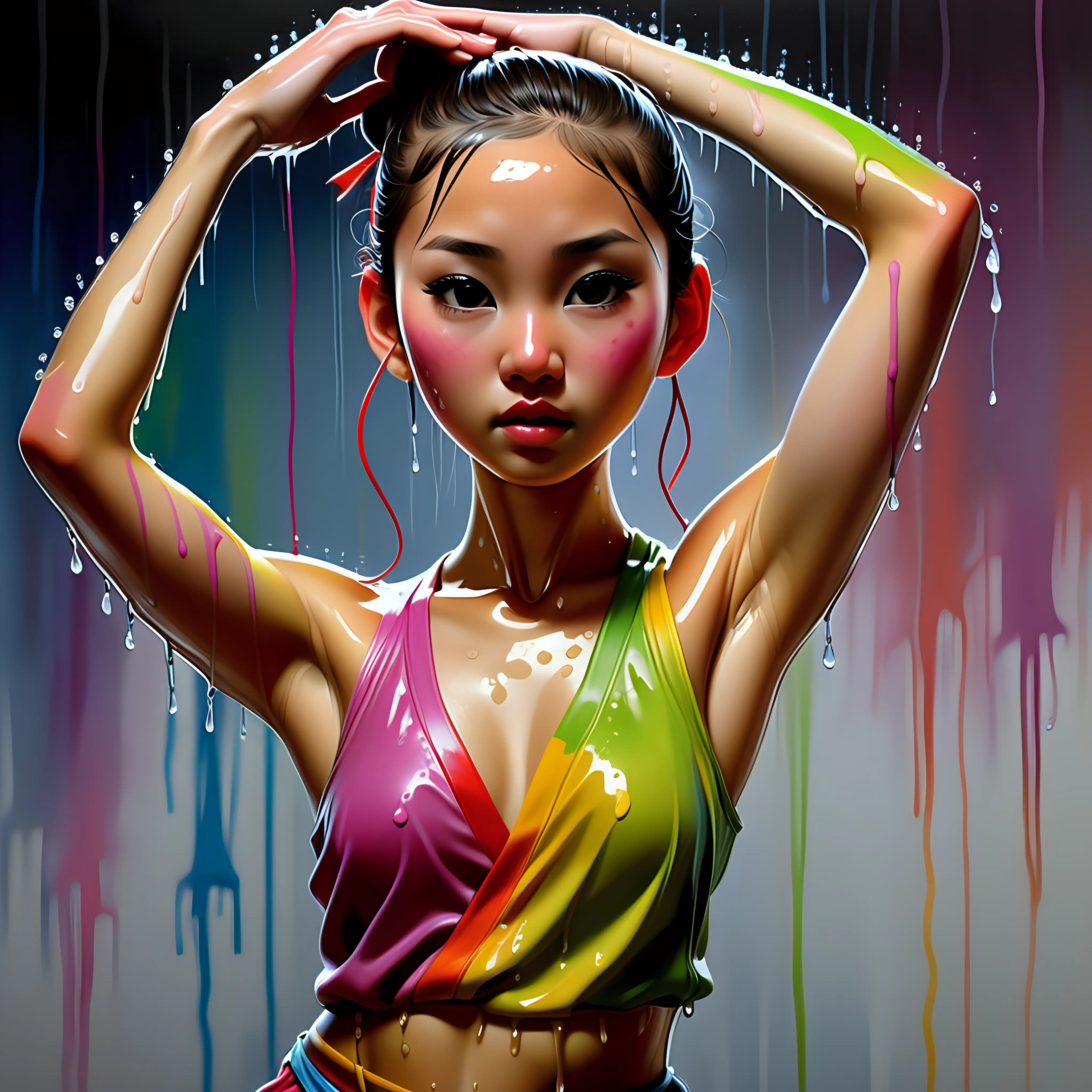 Colorful, photo realism, asian girl, dancer, wet, painting