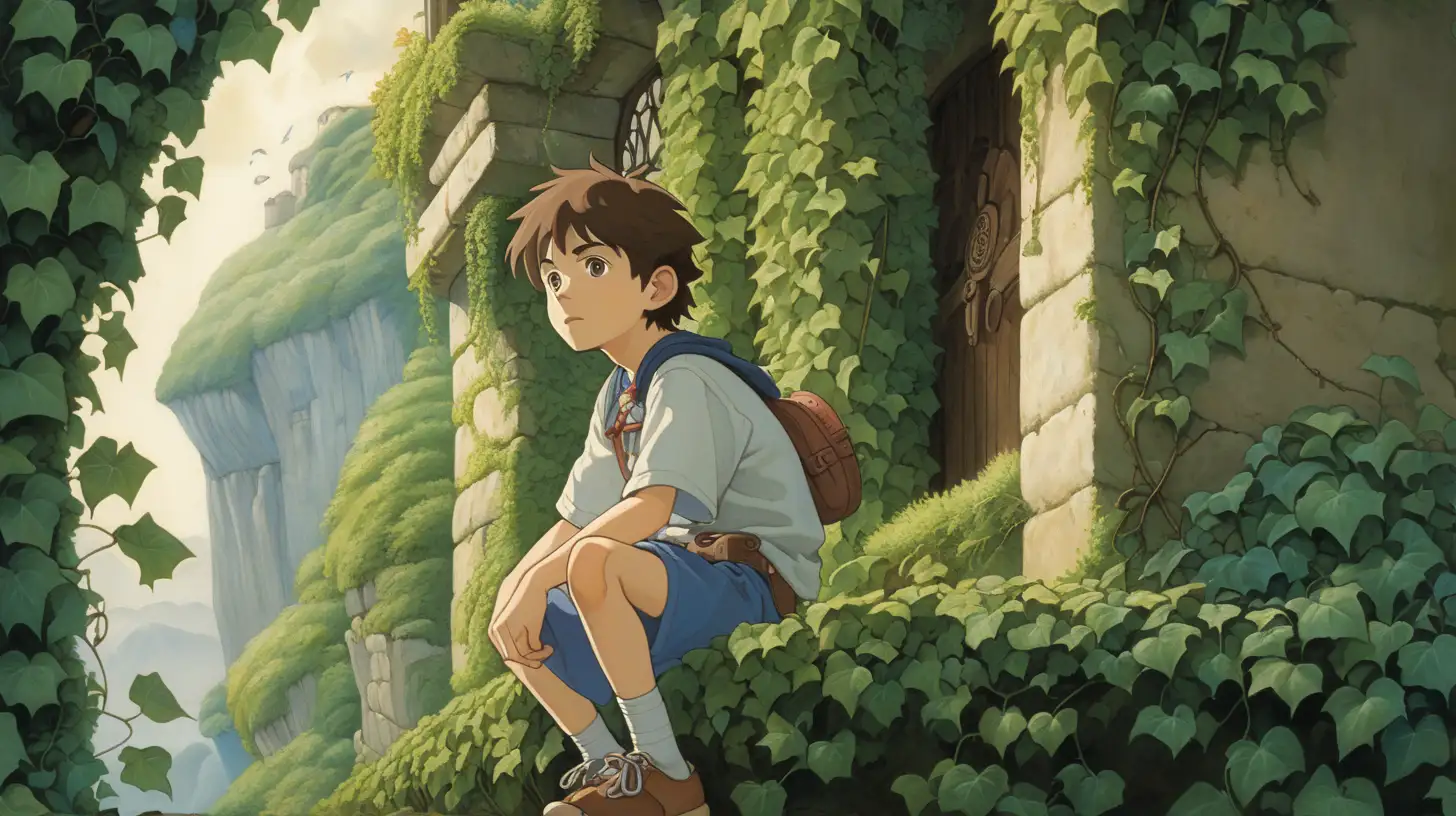 a boy with brown hair sitting on a leidge between ivy vines, happy, peaceful, beauiful illustration of fantasy, ghibli, princess mononoke, soothing, dark, music, amazing detailed game poster, wide angle, Hayao Miyazaki --ar3:2 --niji 5
