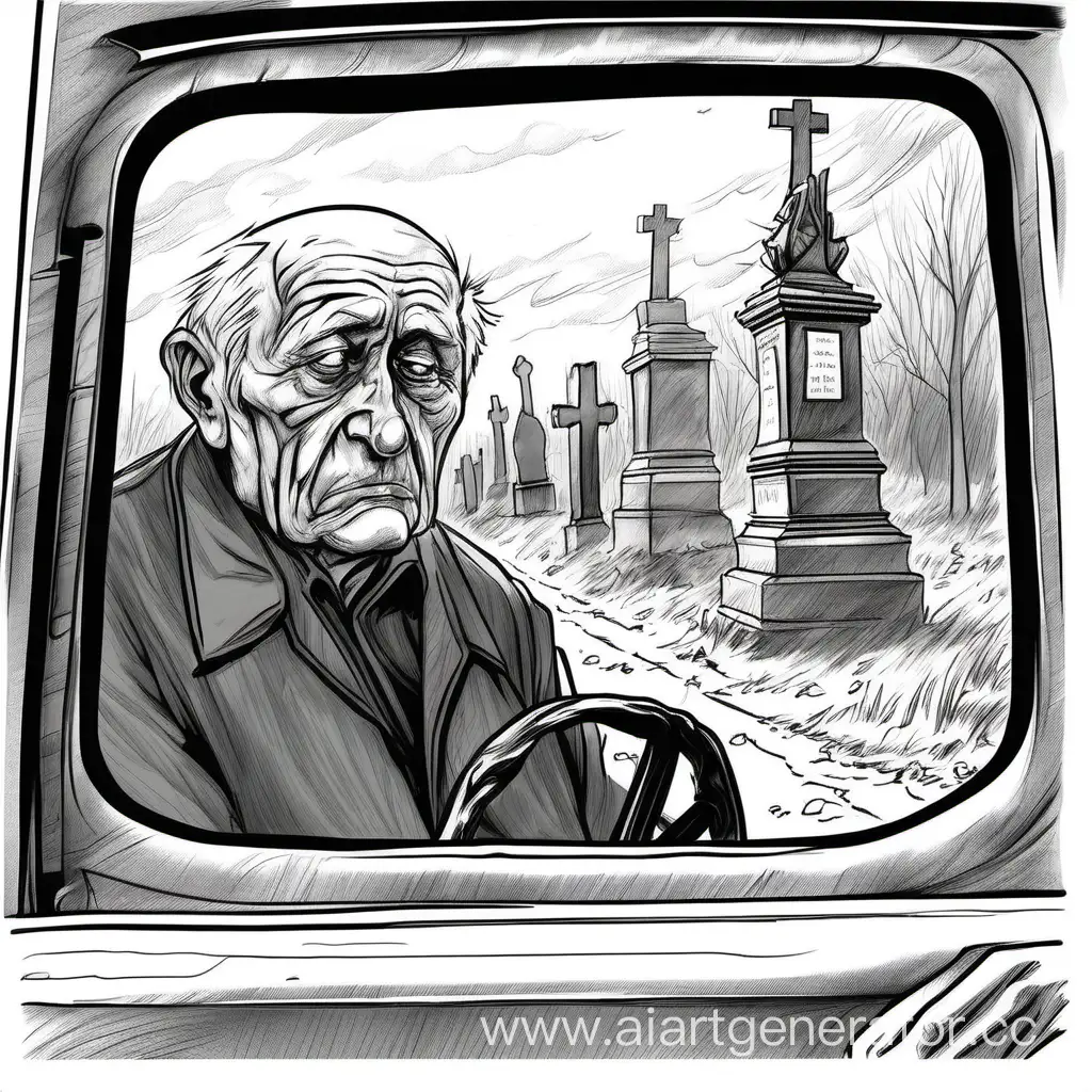Elderly-Russian-Driver-Contemplating-Cemetery-Route-Amidst-Natures-Art