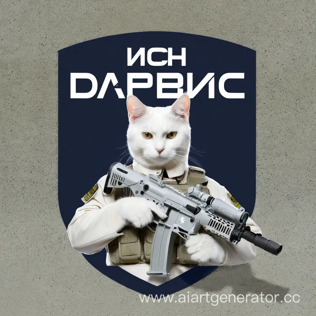 A white cat holds a machine gun