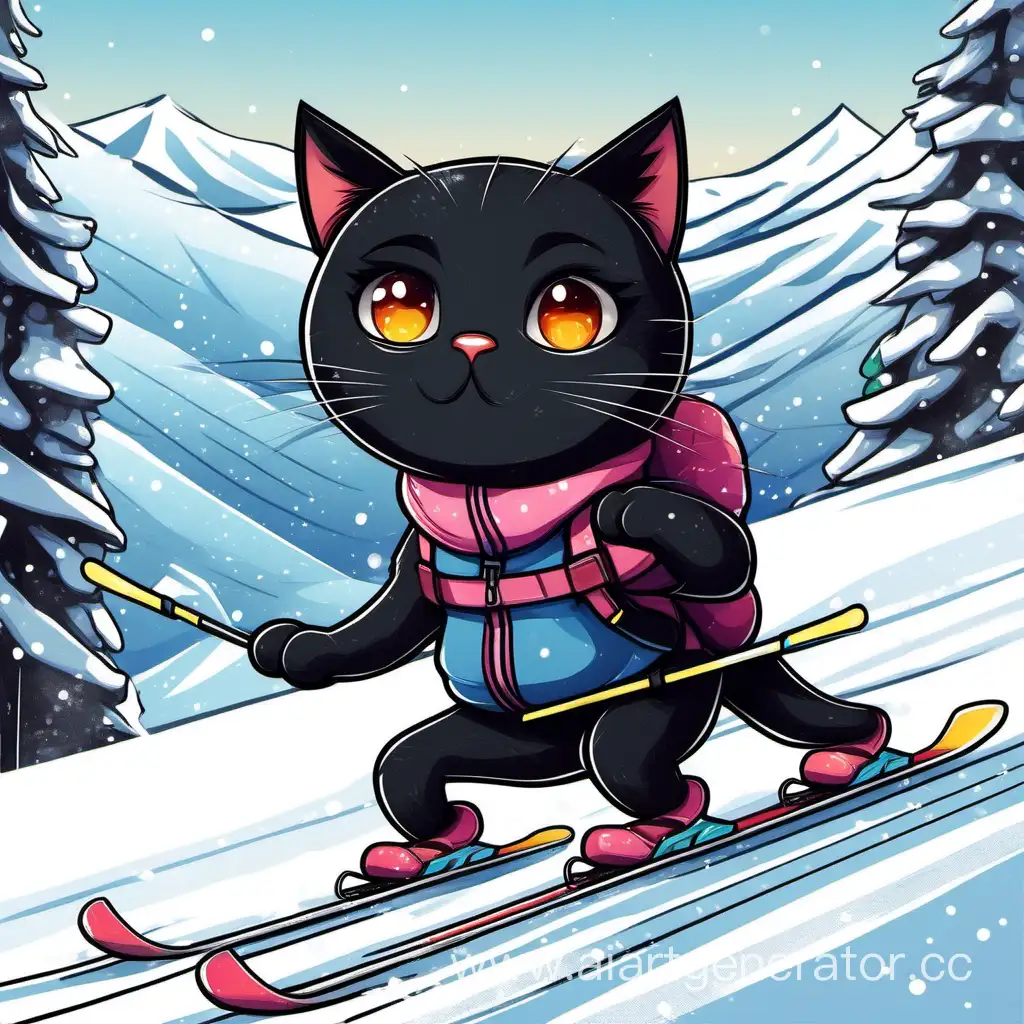 Черный кот катается на лыжах