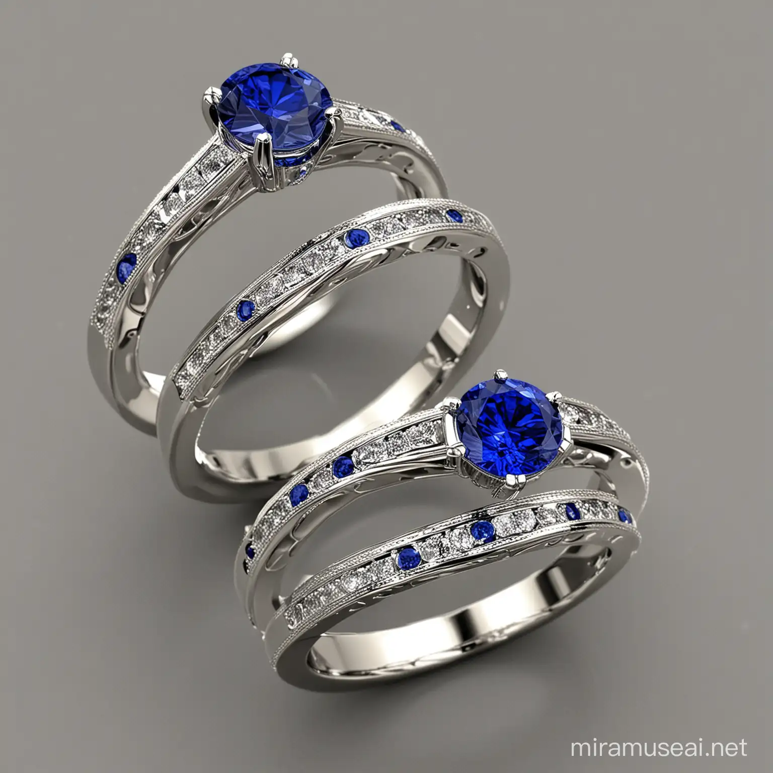 Bride and Groom Wedding Rings with Blue Sapphire Gems