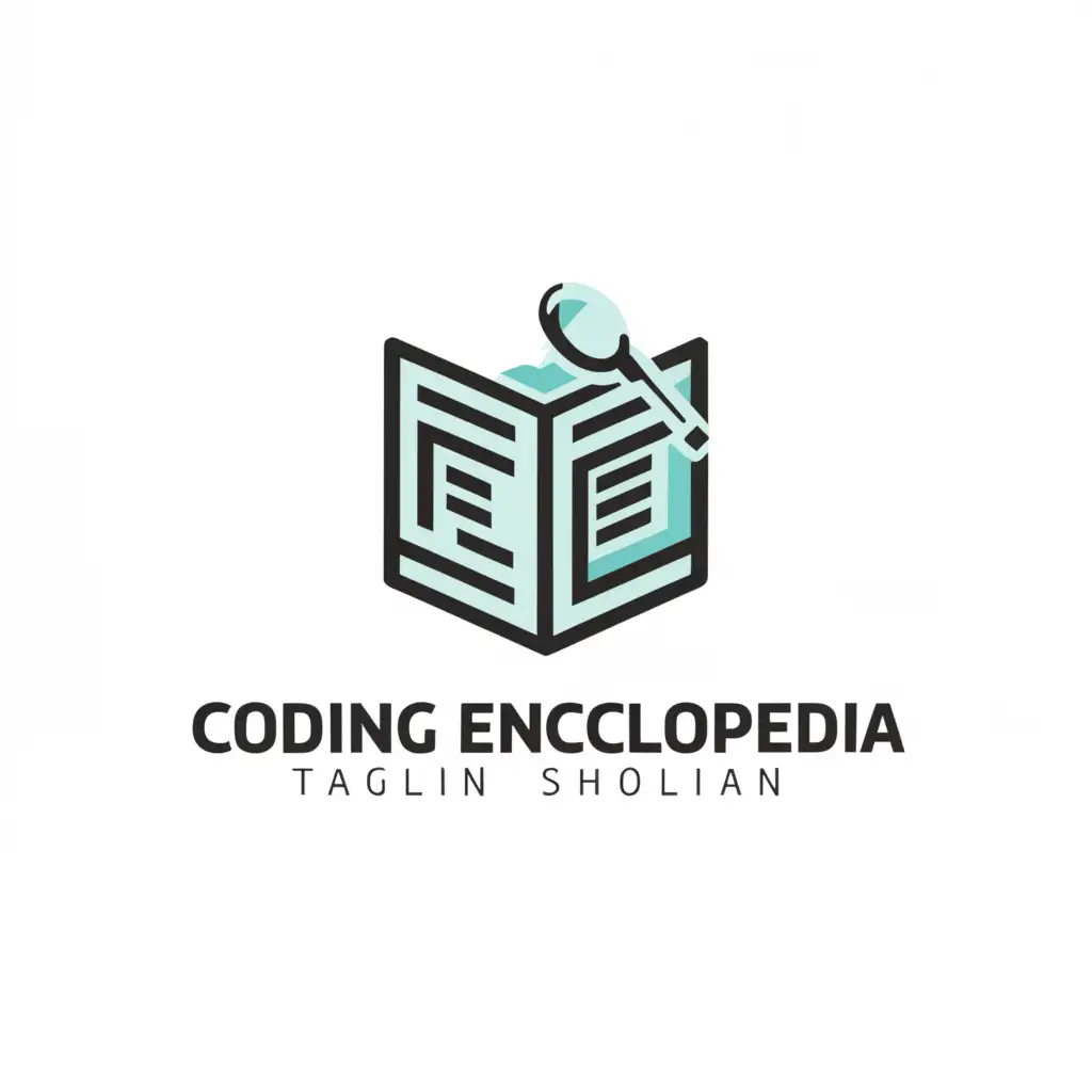 a logo design,with the text "Coding Encyclopedia", main symbol:book and a magnifying glass,Minimalistic,be used in Technology industry,clear background