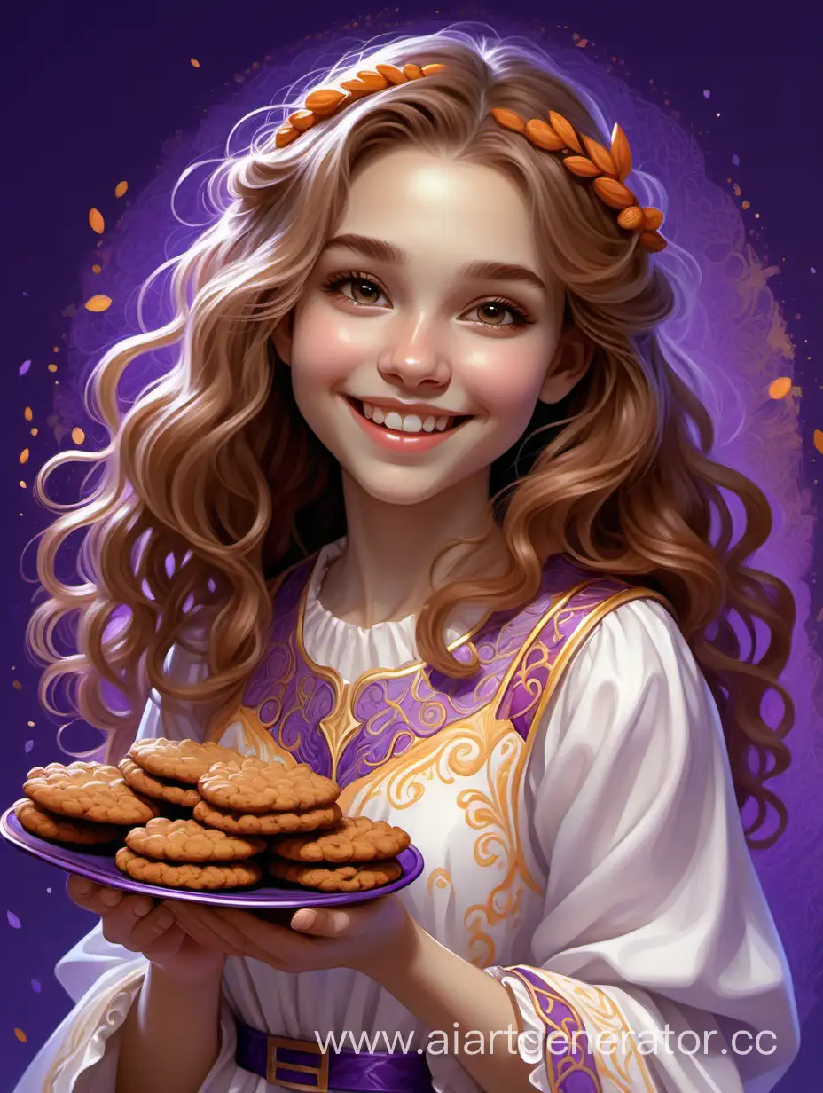 a girl with light brown hair, smiling slightly, fabric texture, white closed dress, detailed images, purple background, spread colors, in the style of detailed fantasy art, detailed facial features, almond oatmeal cookies, caramel, white, purple, yellow, orange.