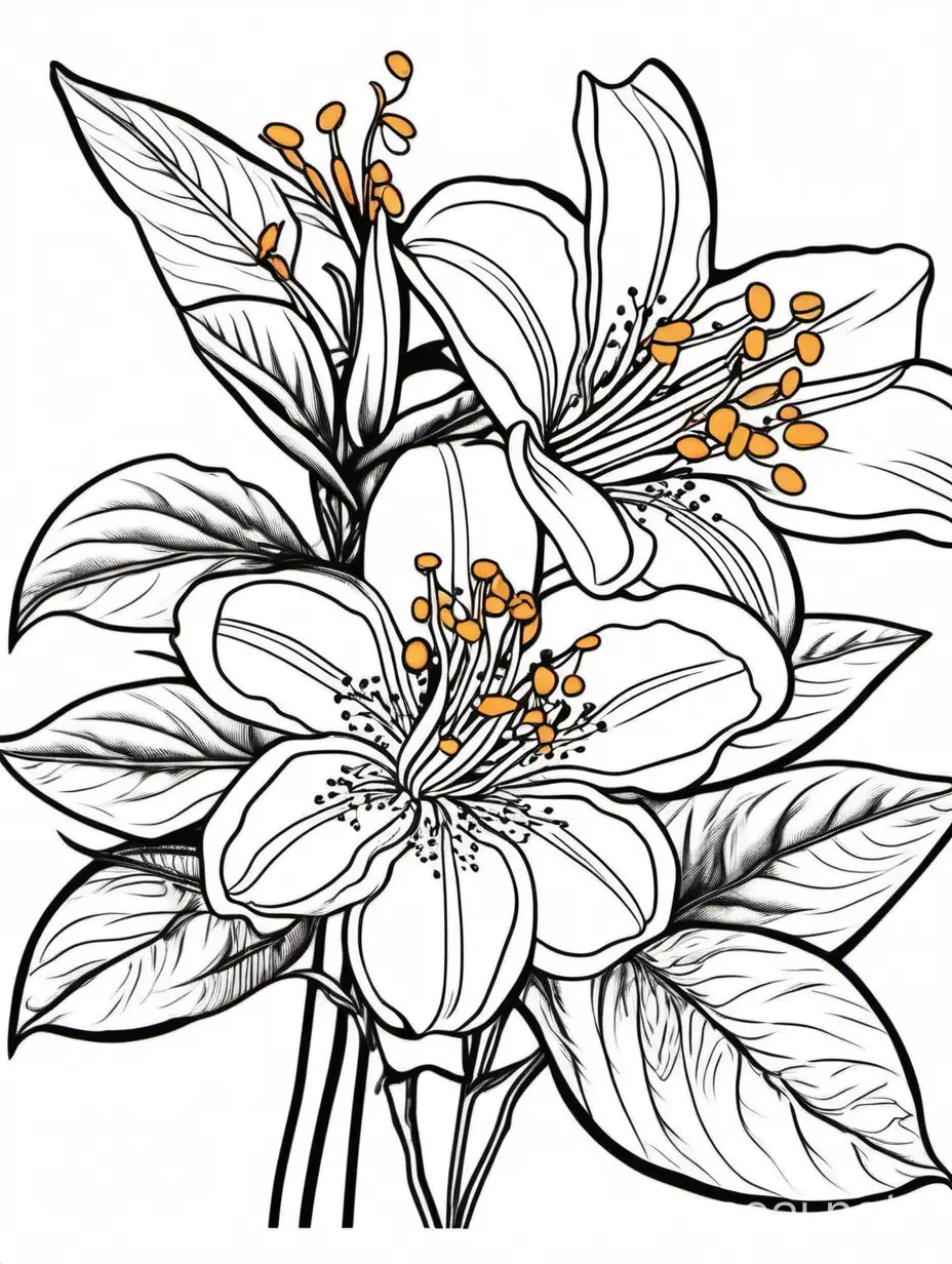 Haz una imagen para colorear de unas flores de azahar. Que la imagen sea: elaborada y a la vez sencilla, muy fina y delicada, sin sombras, con un fondo blanco, que la imagen tenga muchos detalles para colorear y con líneas finas. Imagen para colorear. 