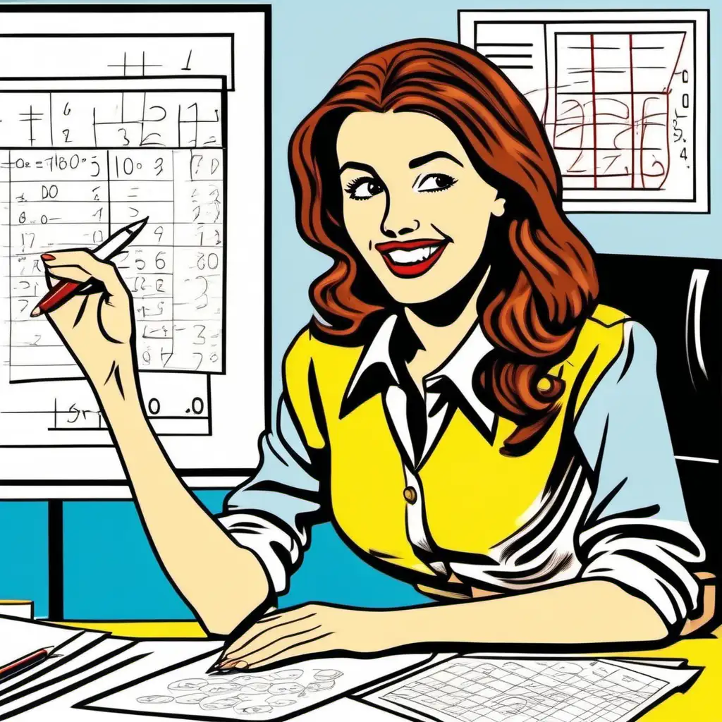 please draw a colourful picture of a happy stunning brown-hair woman successfully solving a math problem on paper during a job interview, in a bare room, in the style of roy lichtenstein