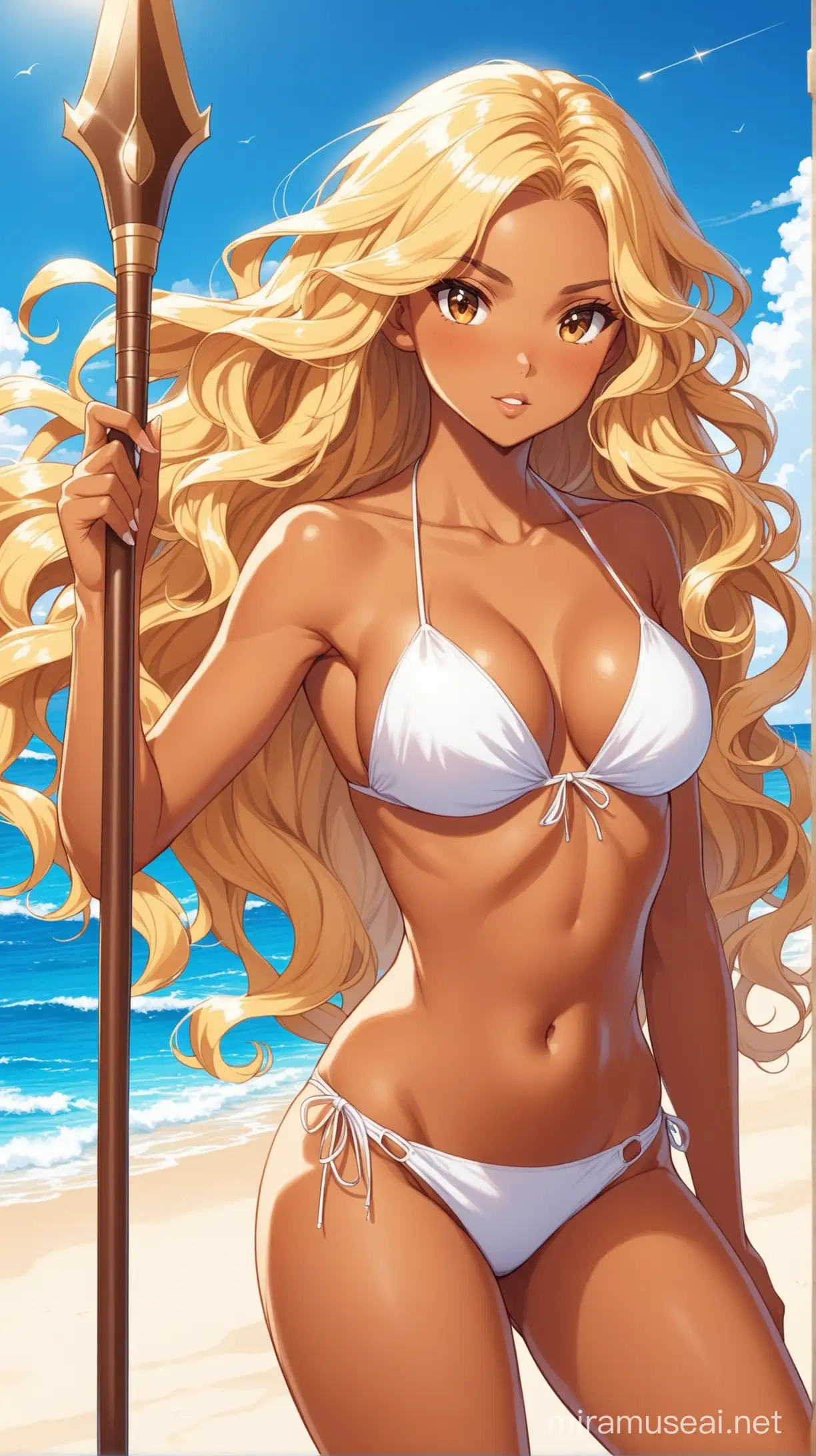 sexy girl blonde wavy hair, tanned skin, white bikini, holding spear