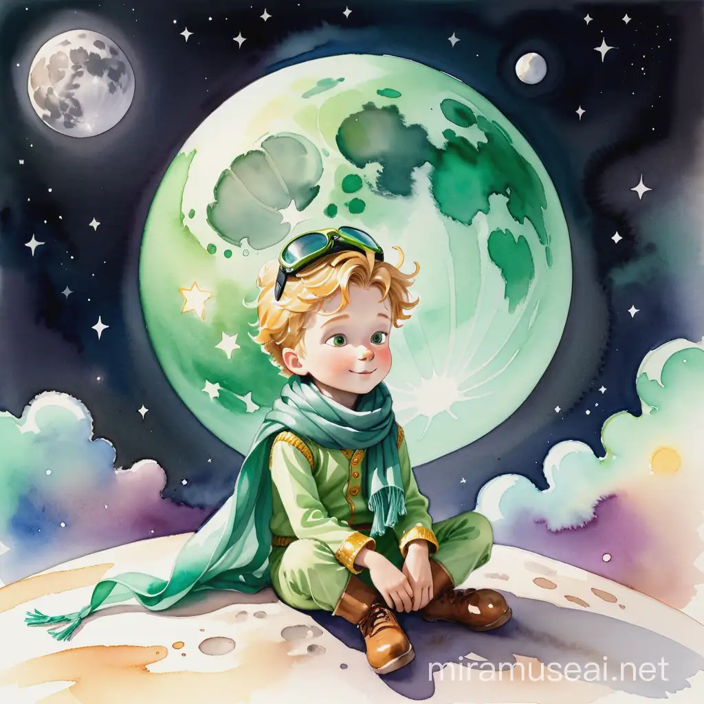 "Create a watercolor illustration of the Little Prince, wearing his light green outfit, aviator goggles resting atop his head, with a flowing scarf, seated gracefully upon the moon."