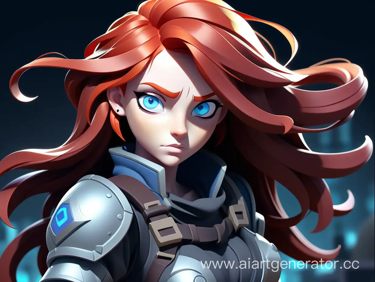 девочка с рыжими волосами, голубыми глазами, в стиле игры Teamfight Tactics