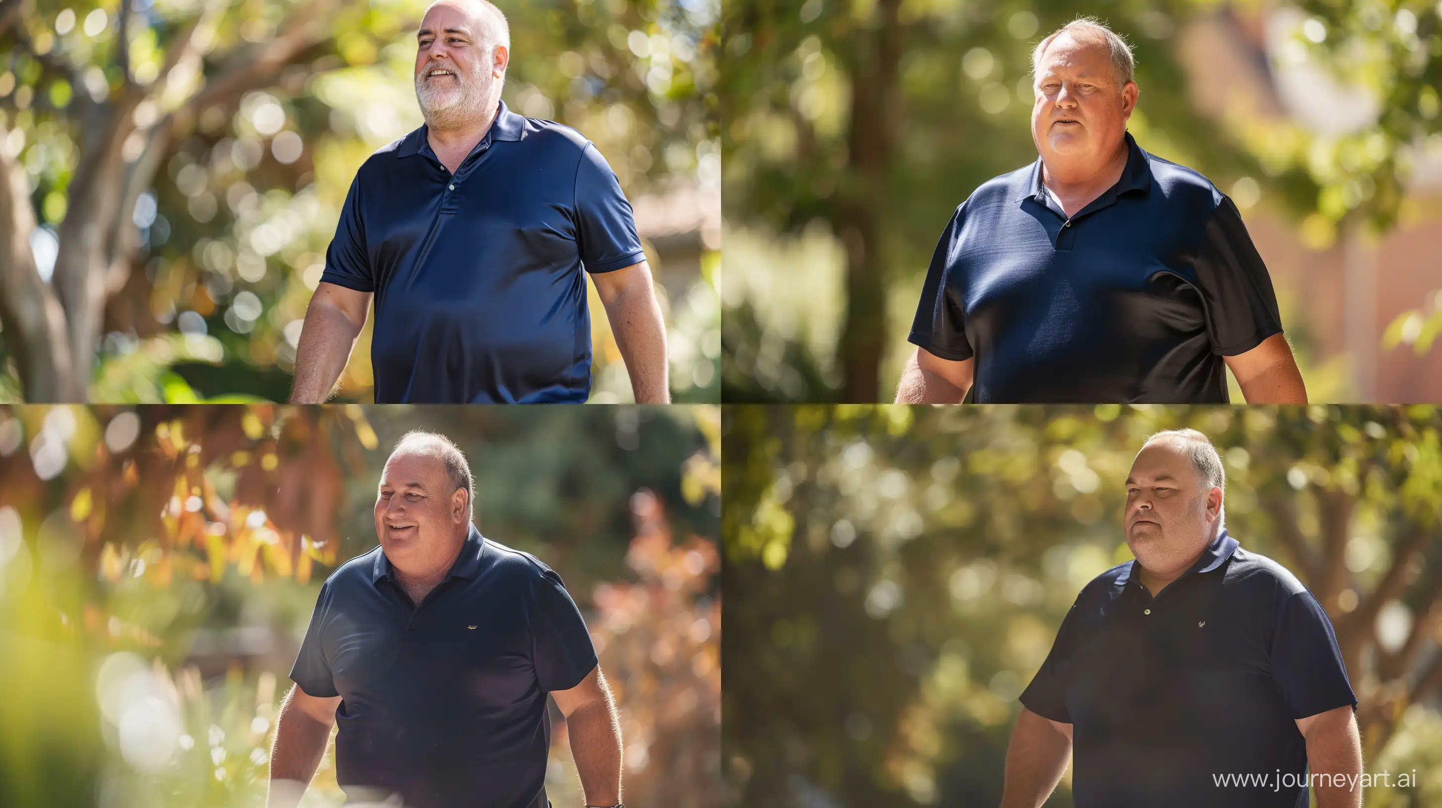 Medium shot photo of a fat man aged 60 wearing a silk navy polo shirt. Walking. Outside. Natural Light. --style raw --ar 16:9