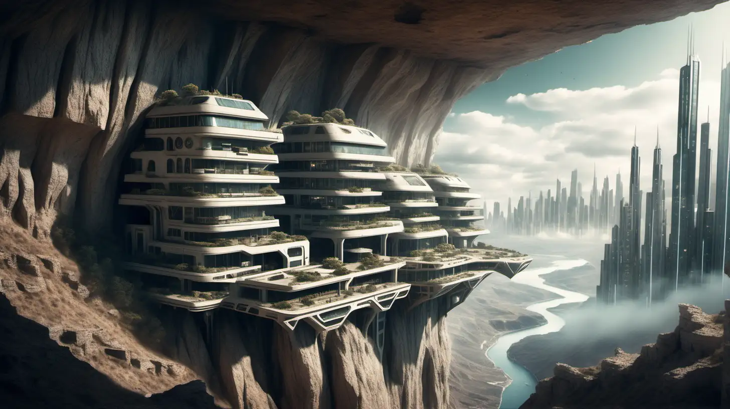 small futuristic city built into the side of a cliff, dusty