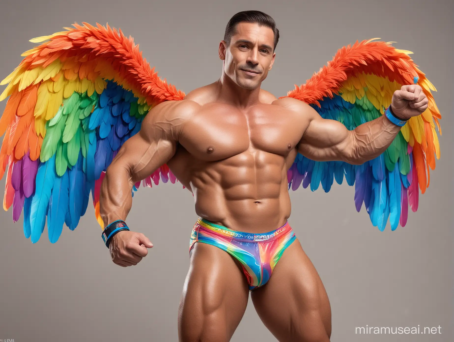 Ultra Beefy Bodybuilder Flexing in Rainbow Colored Eagle Wings Jacket with Doraemon