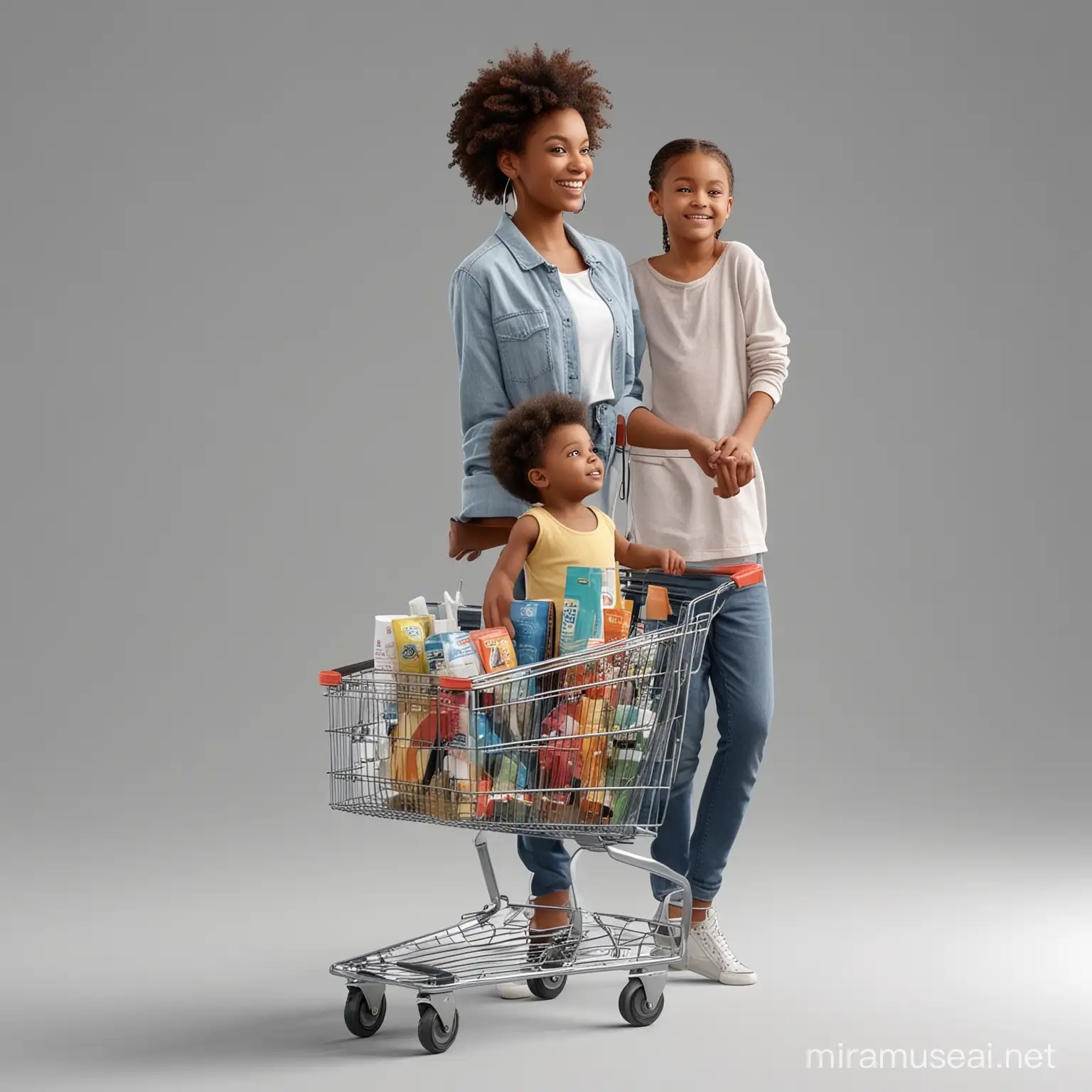 vista de corpo inteiro , mulher negra jovem realistas, vestindo roupas do século 21 , feliz olhando para a esquerda , empurrando carrinho de supermercado cheio de produto, acompanhado pelo seu filho,