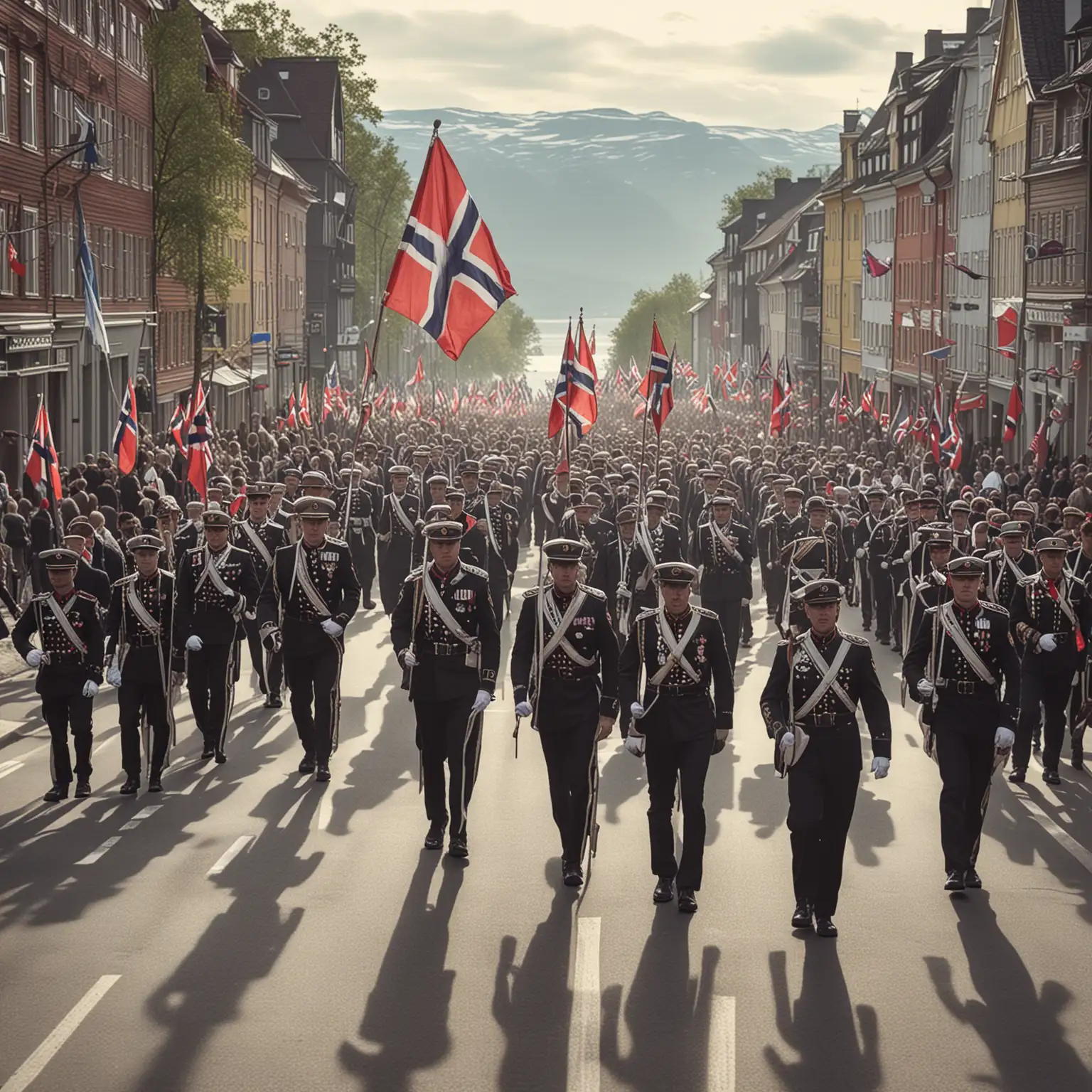 17th of may celebration in norway, flags, corps and nicely dressed people walking in a parade, album cover, silhouette 