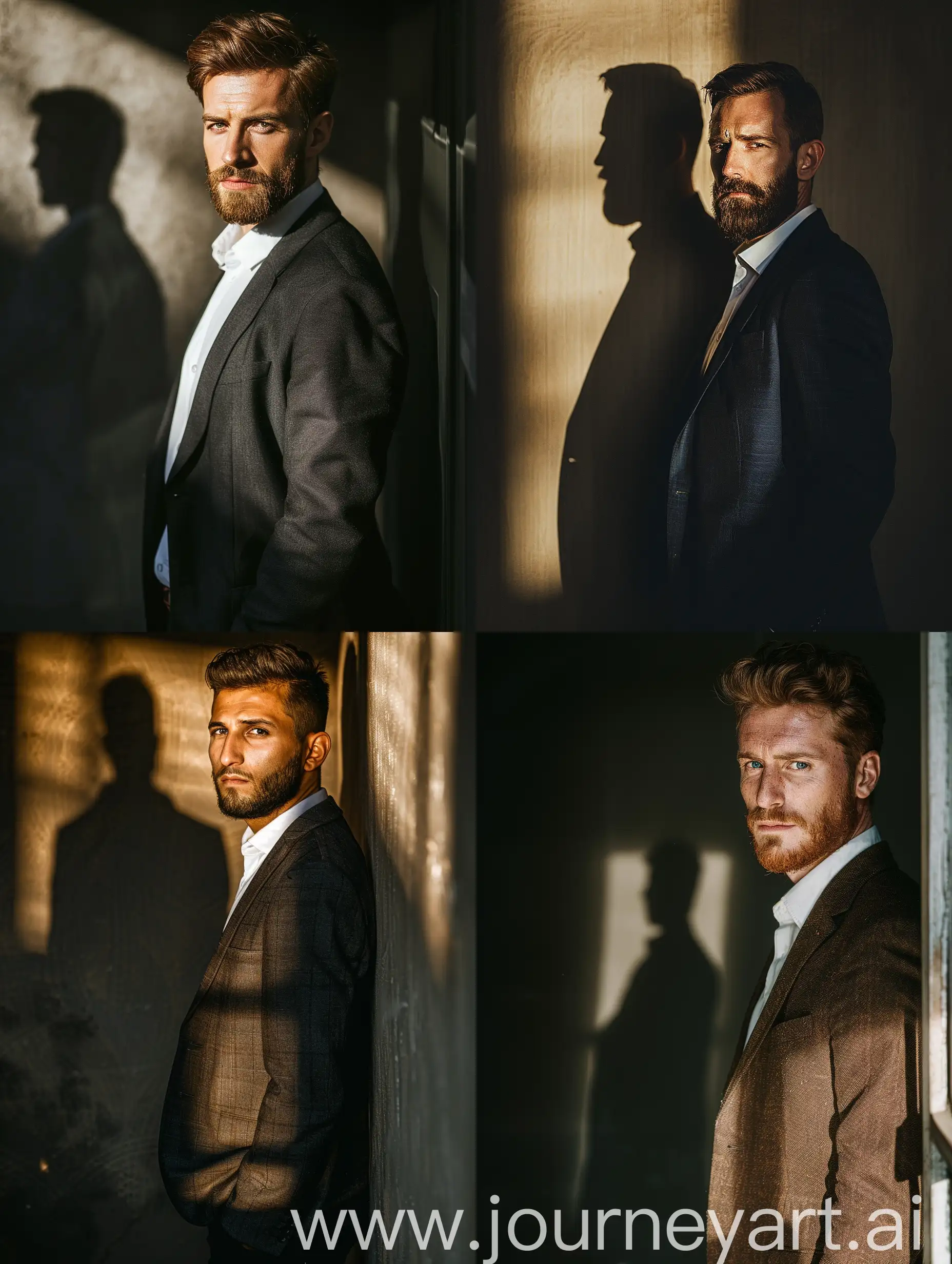 Front View Photography From A Man with Simple Hair Style & Beard Standing Next to the Wall in Dark Place In front of the camera The Light Shines on the Man And the Shadow of the Man on the Wall, Formal Outfit, Cinematic Photography Style, Natural Shadow, Natural Color Details, High Quality --v 6.0 --ar 3:4