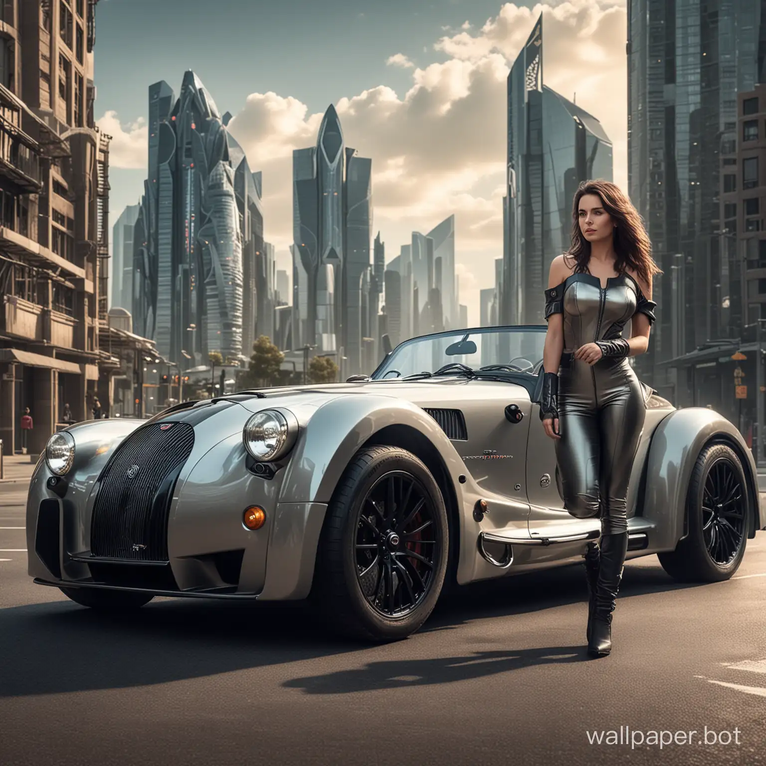 Morgan car grand sport car with a brunette girl standing near with futuristic city background