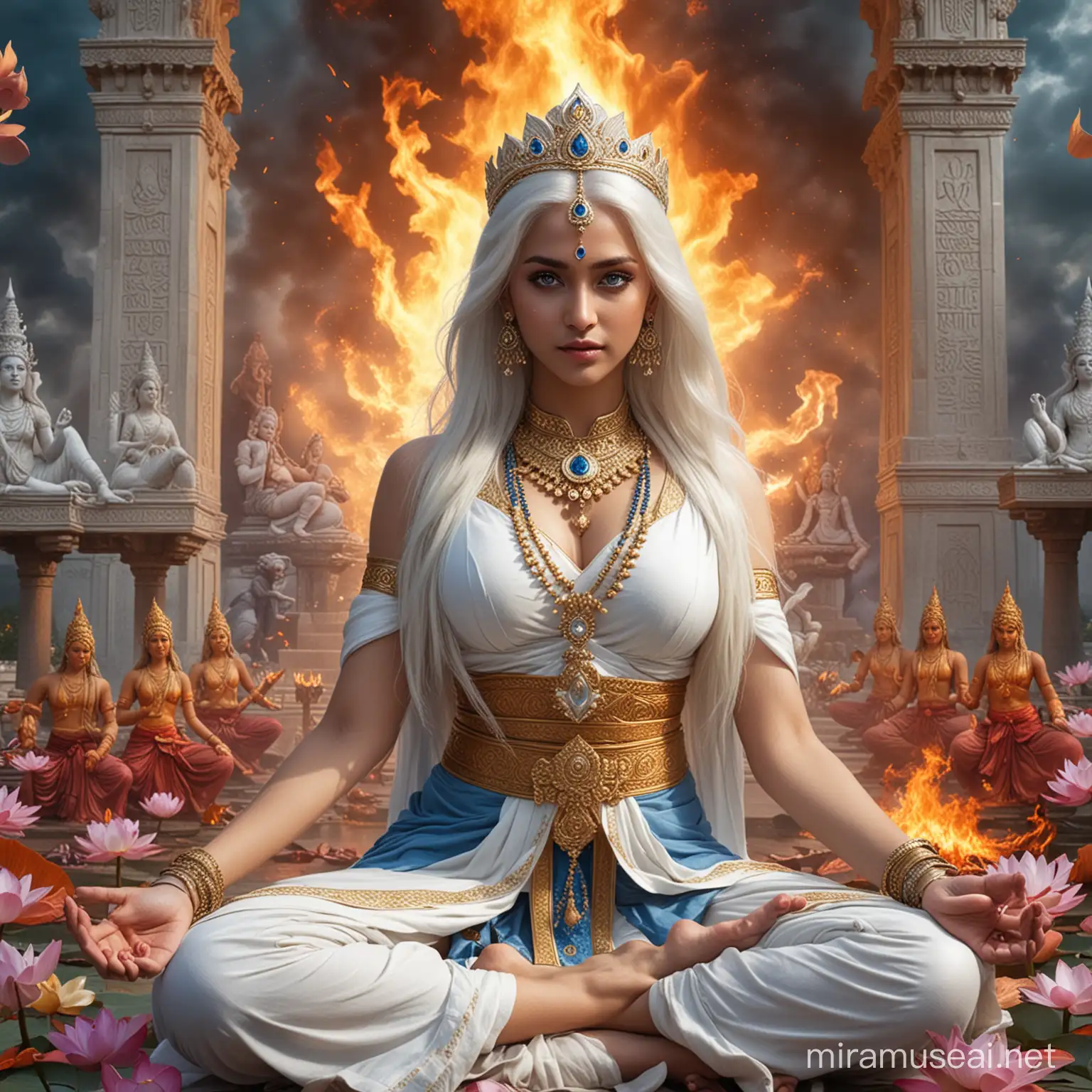Diosa emperatriz hindu hermosa joven de cabellos blancos largos y ojos azules vestida como Diosa emperatriz hindu en combate sentada en posición flor de loto rodeada de fuego  y rodeándola diosas y dioses hindus llenos de  poder y fuego, y de fondo un gigantesco palacio hindu tenebroso y la palabra kayashiel emperatriz escrita con letras de fuego 