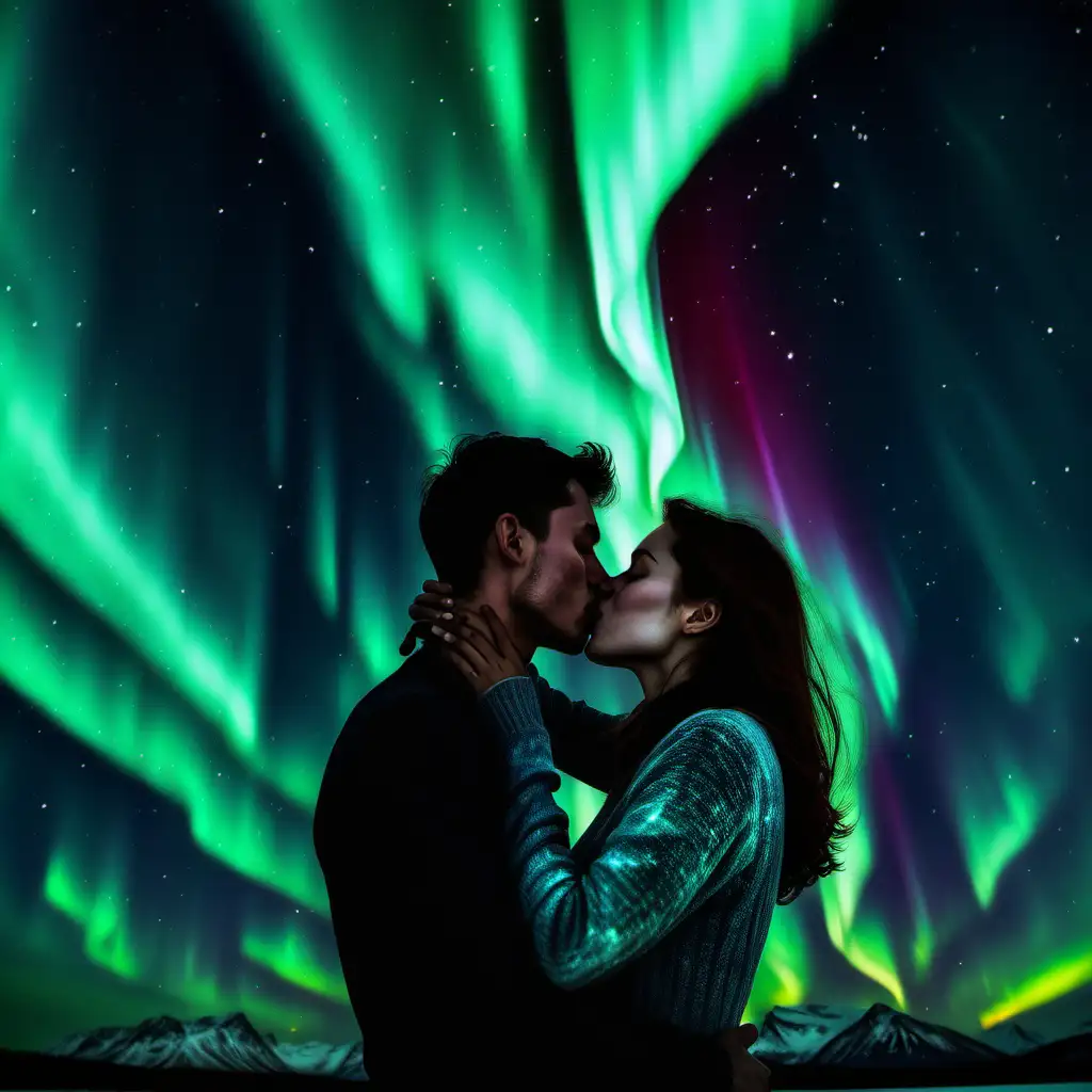 couple kissing, aurora borealis, dark sky, wholesome, passionate, loving, close up of their faces, anatomical style