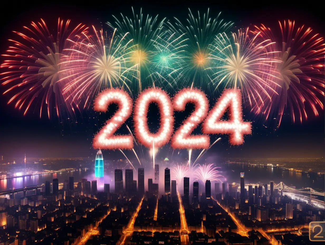 Vibrant 2024 New Year Fireworks Illuminate Cityscape