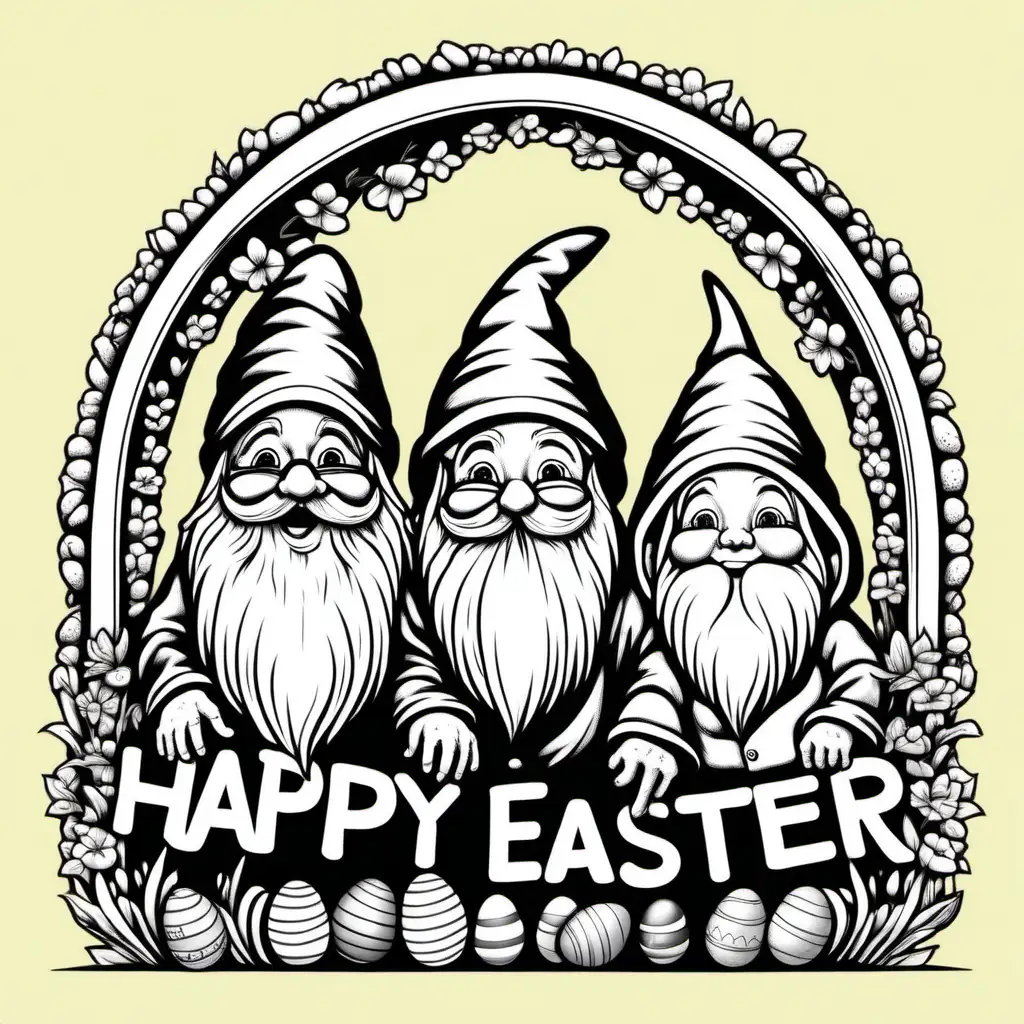 Happy Easter, Arched Letters, young Gnome family, Thick black outline