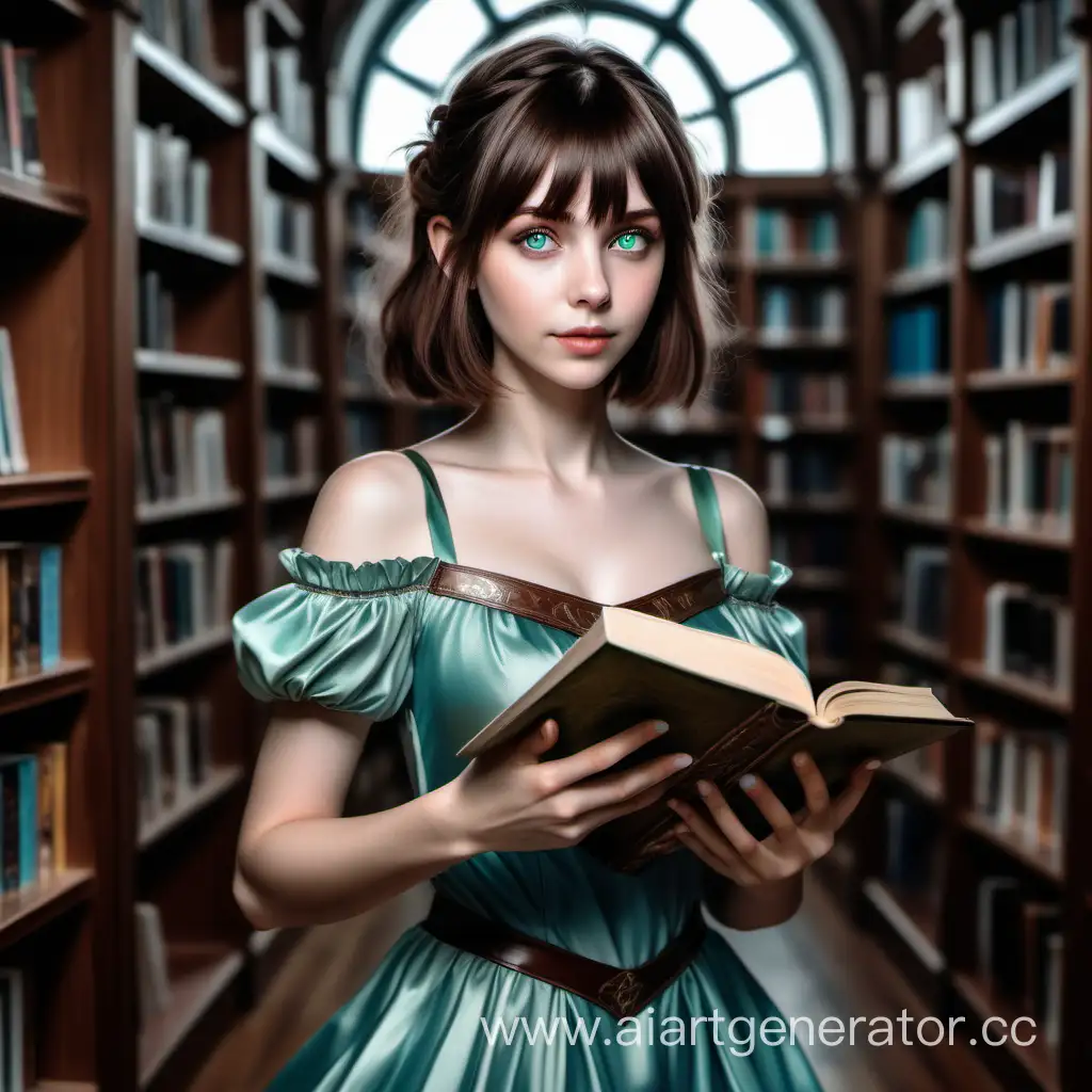 Нарисуй девушку, в стиле фэнтези, с короткими тёмно русыми (каштановыми) волосами по плечи и чёлкой, зелёными голубо-серыми глазами в библиотеке. В её руках должна быть книга, а одета она в платье.