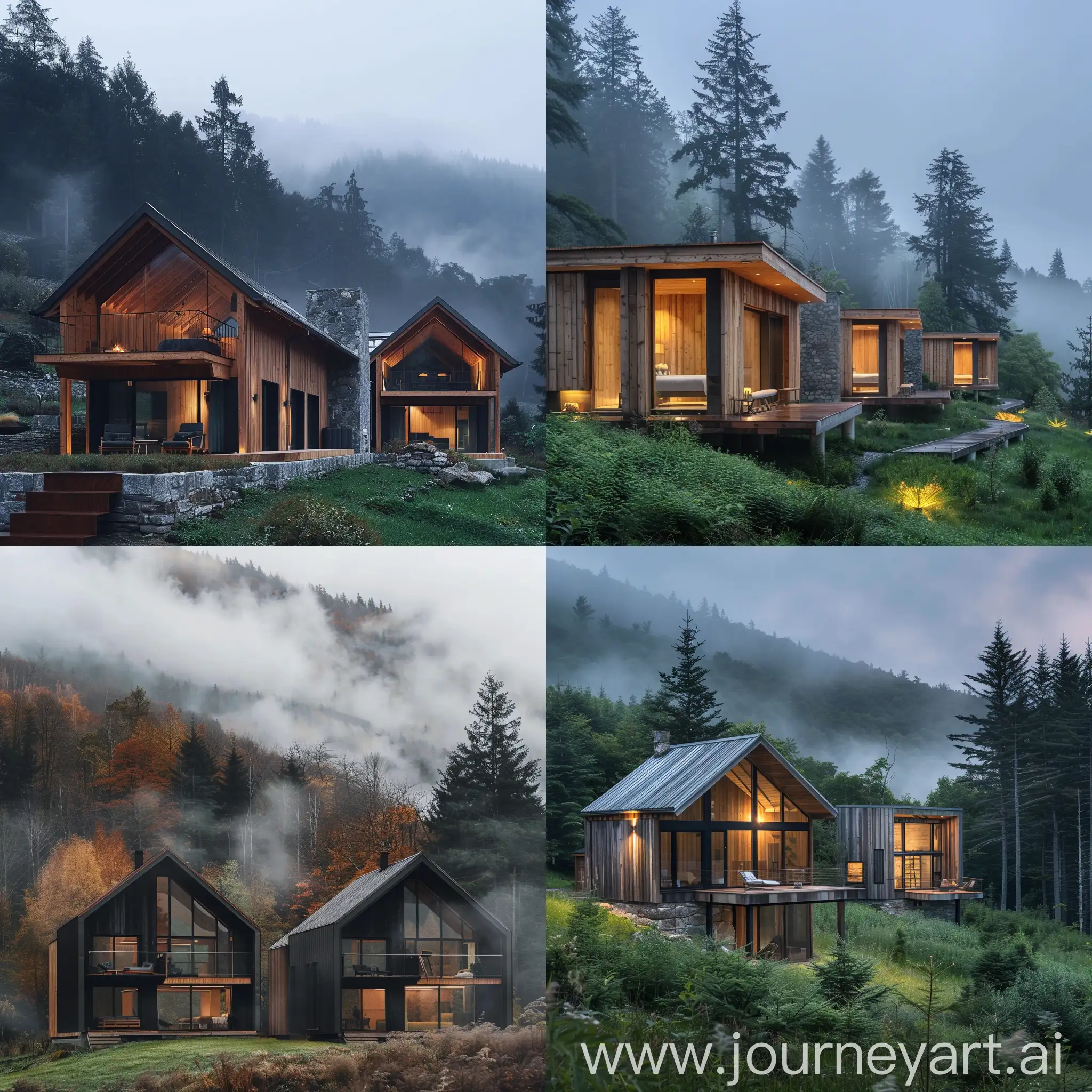 modern rustic cabins in the mountains misty