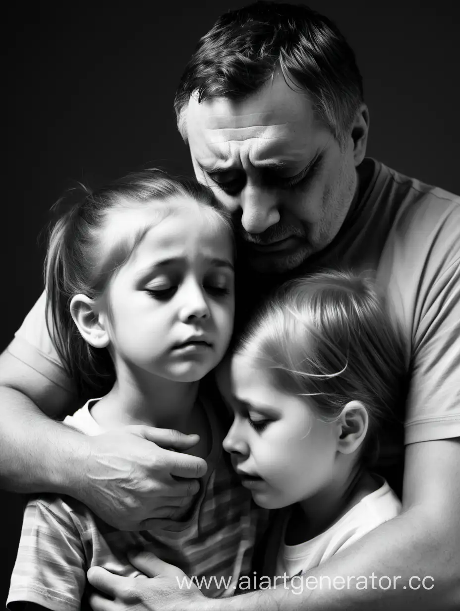 Comforting-Embrace-Father-Hugging-His-Children-Amidst-Emotional-Moments