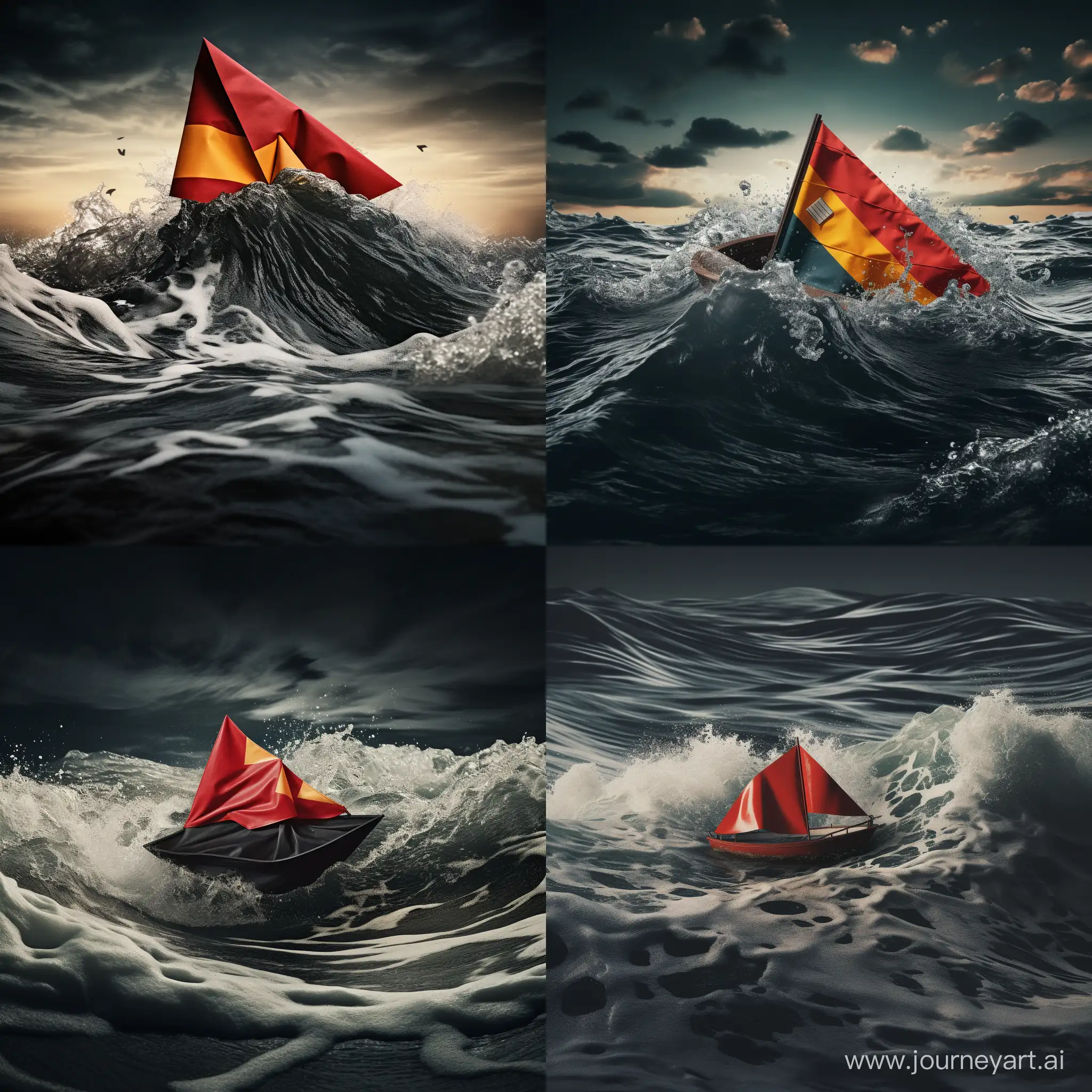 heavy waves and a paper boat consisting of a german flag