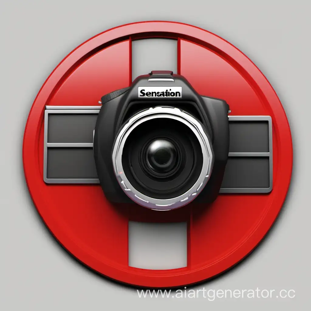 эмблема для медиацентра сенсация фотоаппарат в центре 
основной цвет красный 