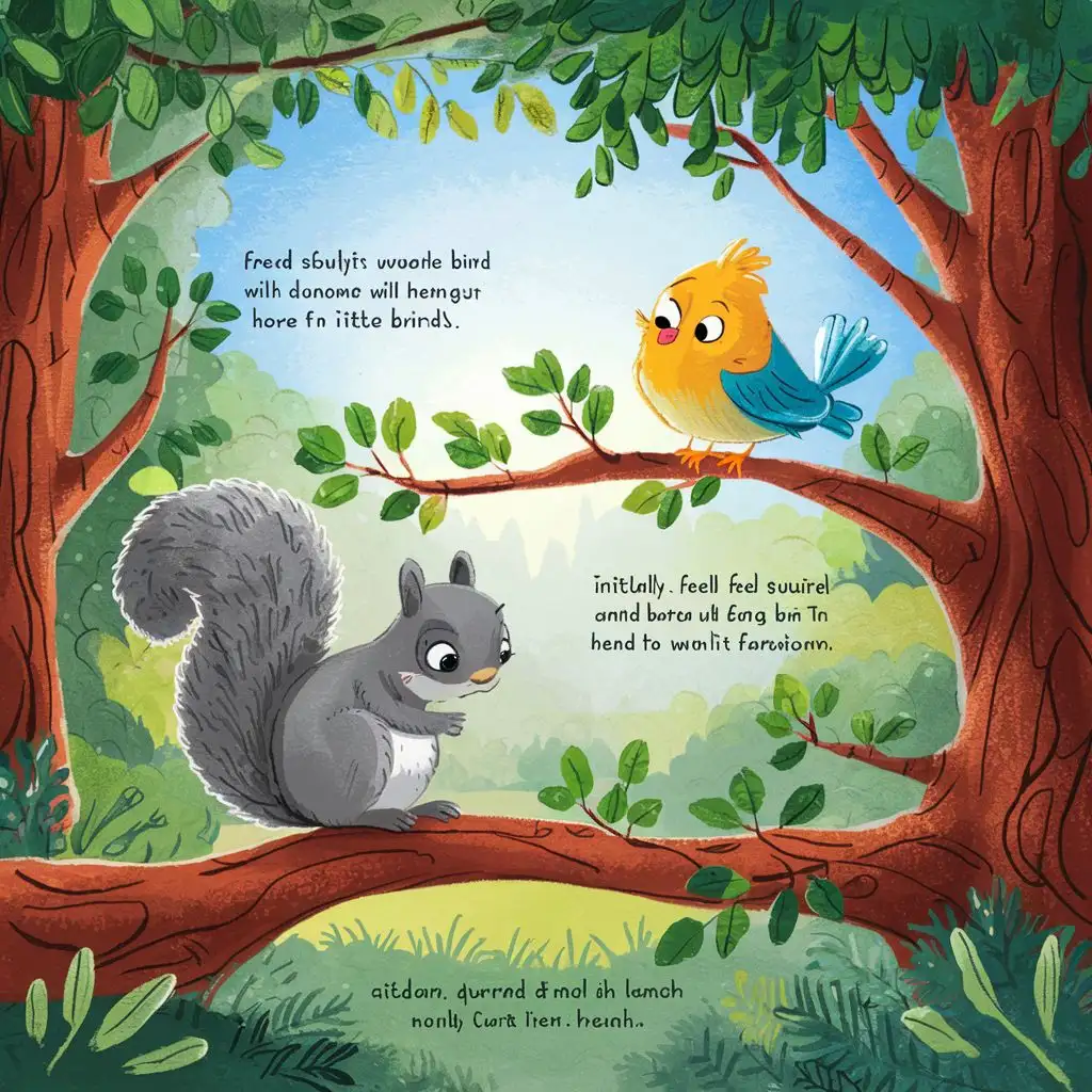 Story: 'The New Friend of the Little Bird'
Scene 1: In a beautiful forest, there lived a lonely little bird. Every day, he sang alone on the branches, hoping someone would hear his song. However, no one came to share the joy with the little bird. He felt very lonely.
Scene 2: One day, a gray squirrel intruded into the little bird's territory. At first, the little bird was wary of this suddenly appearing unfamiliar creature, unsure how to react.