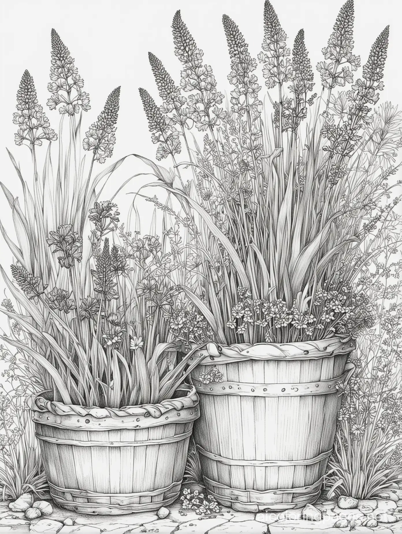 Create a picture for adult colouring in black and white only.  The theme of the picture: British garden. gardening. Style: sketching, ink, line drawings. the picture shows pots of flowers and a basket of muscari. The detail of the drawing is medium.  Ratio 3:4, Coloring Page, black and white, line art, white background, Simplicity, Ample White Space. The background of the coloring page is plain white to make it easy for young children to color within the lines. The outlines of all the subjects are easy to distinguish, making it simple for kids to color without too much difficulty