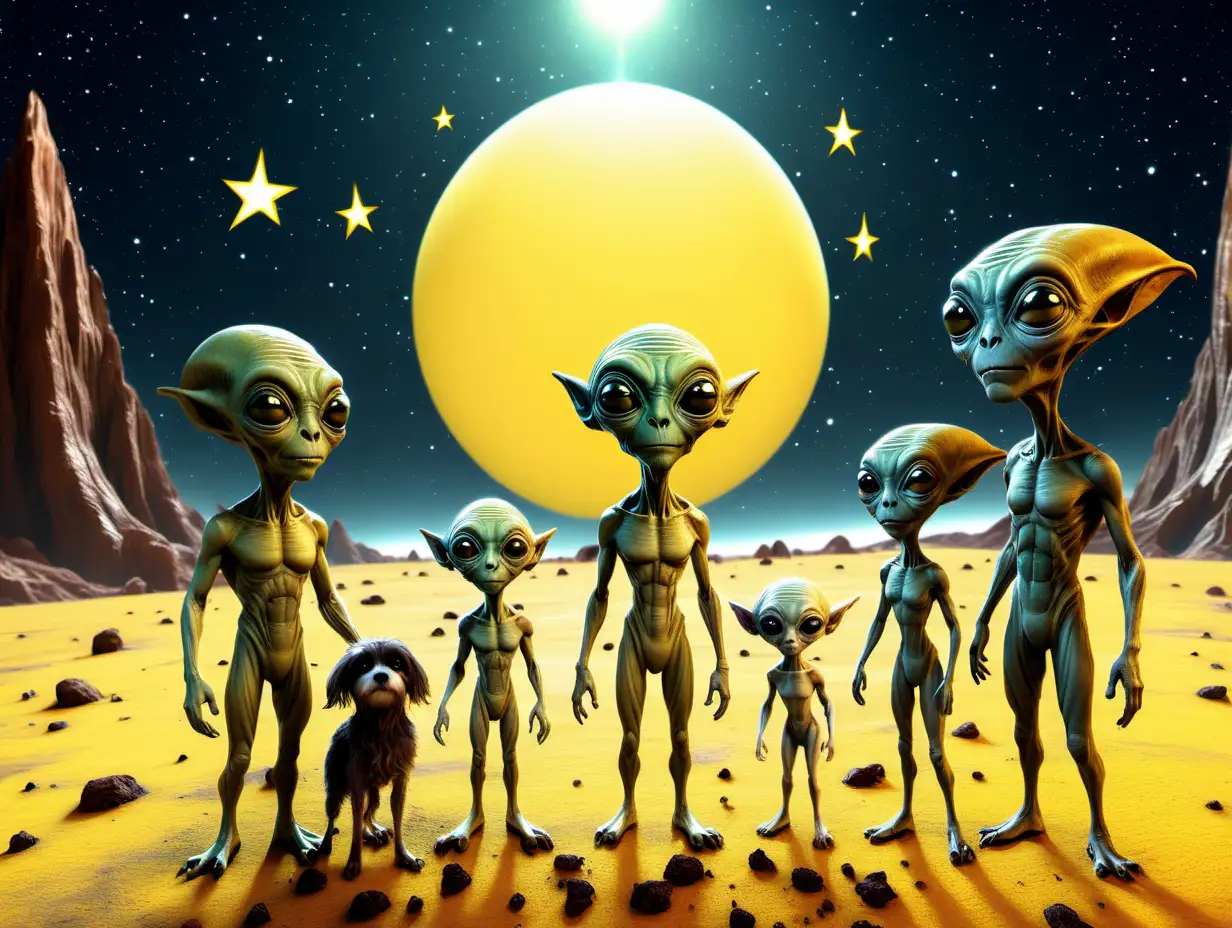 Alien Family and Pets Under Starry Skies on the Yellow Planet