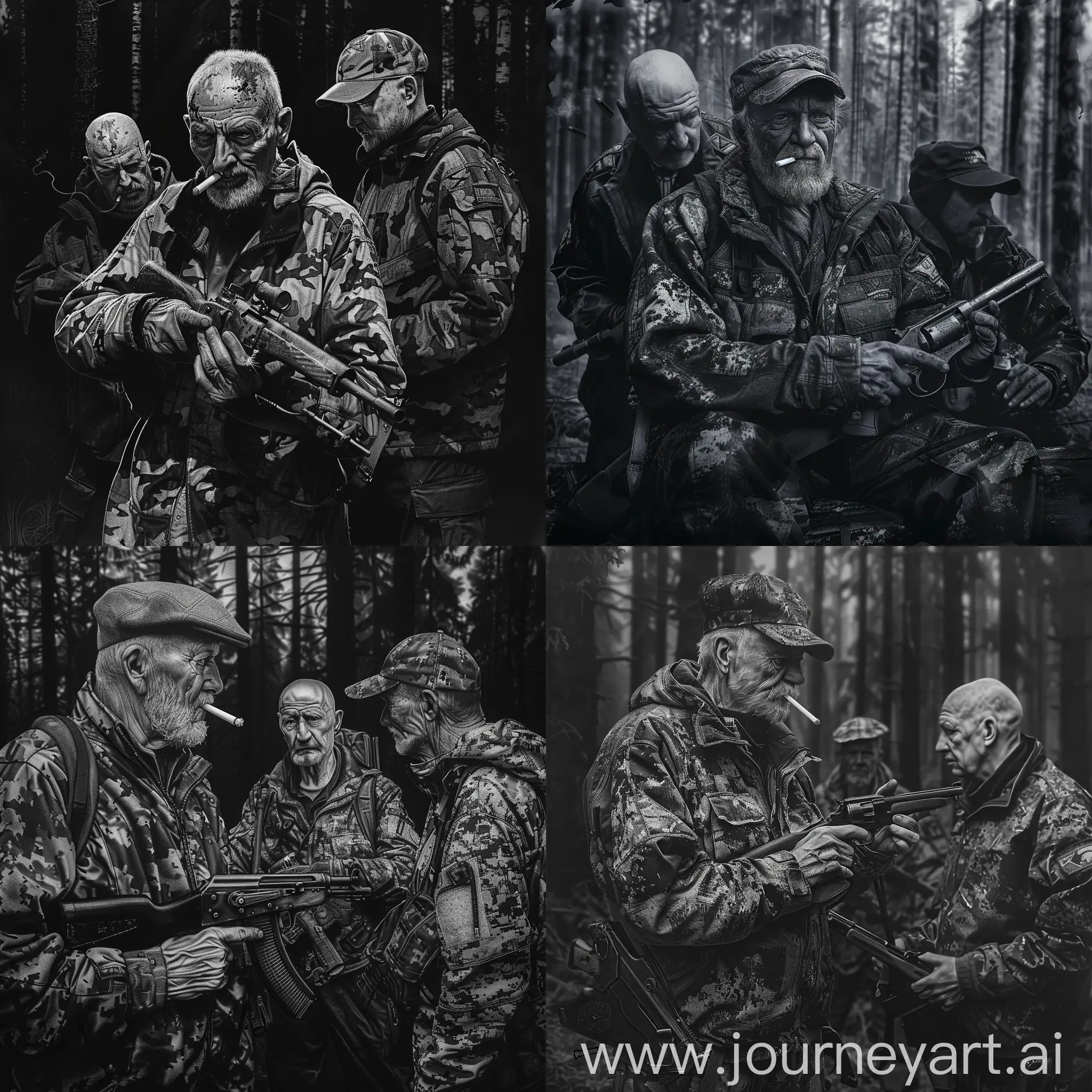 forest, taiga, three hunters, one hunter is an old man, a cigarette in his teeth, an old gun in his hands, an old camouflage jacket, a hat, a gray beard, another man is dressed in a camouflage jacket and dark pants, a bald head, an old gun in his hand, a third man in a cap, a camouflage dark jacket, an old gun in his hands, forest, taiga, gloomy atmosphere, black and white art, drawing, ultra detail, 8K image quality,  Dark Fantasy Style