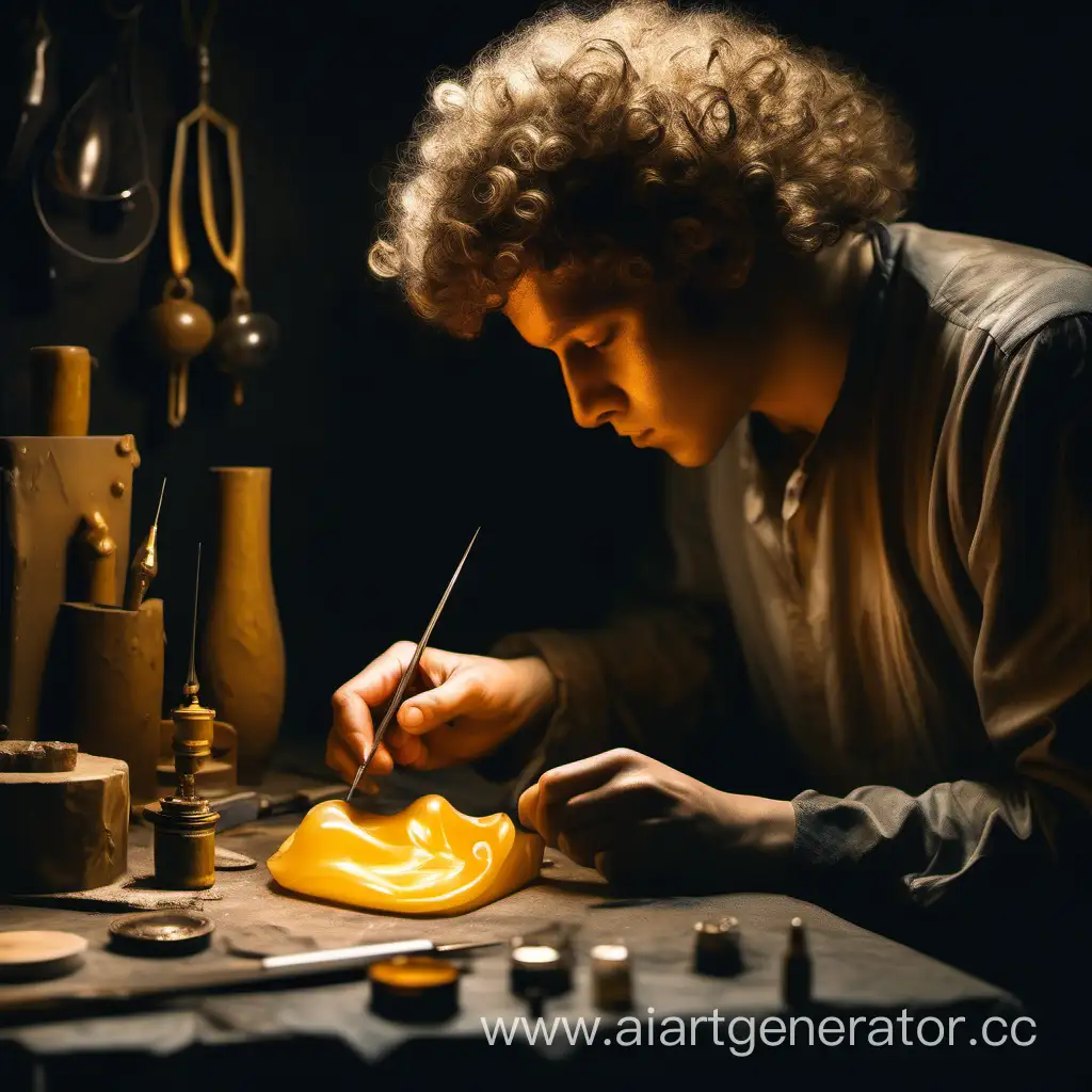 CurlyHaired-Jeweler-Carving-Wax-Model-Artistic-Process-in-RubensInspired-Oil-Painting