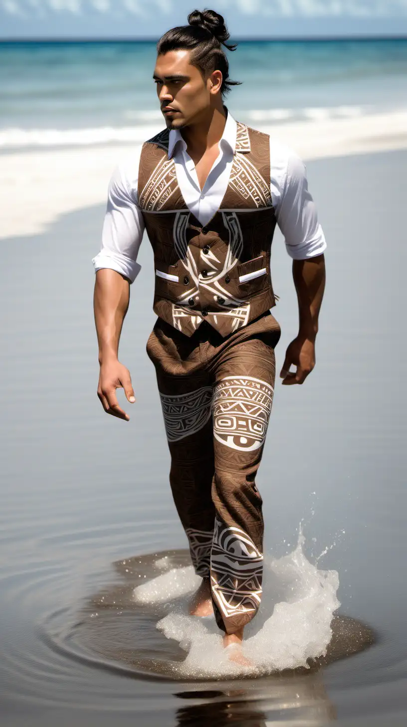 Realistic handsome Polynesian male model with long black hair up in a bun and toned body wearing brown and white Polynesian designs suit vest and pants walking on the water at the beach showing a full body shot from the top of his head to his feet.