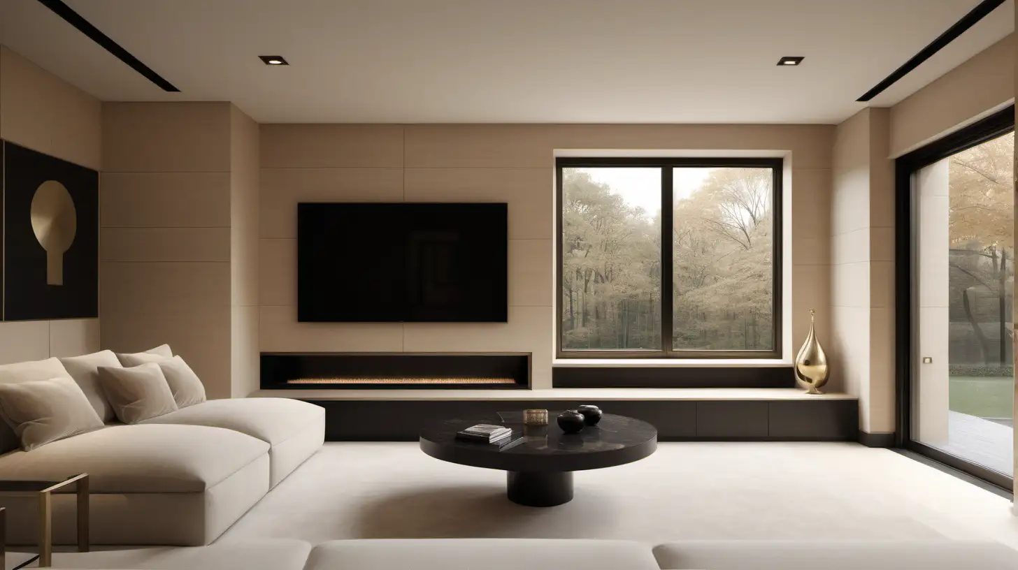 A classic contemporary large home Minimalist TV room; Beige walls; blonde oak; black accents; brass; Large Window;