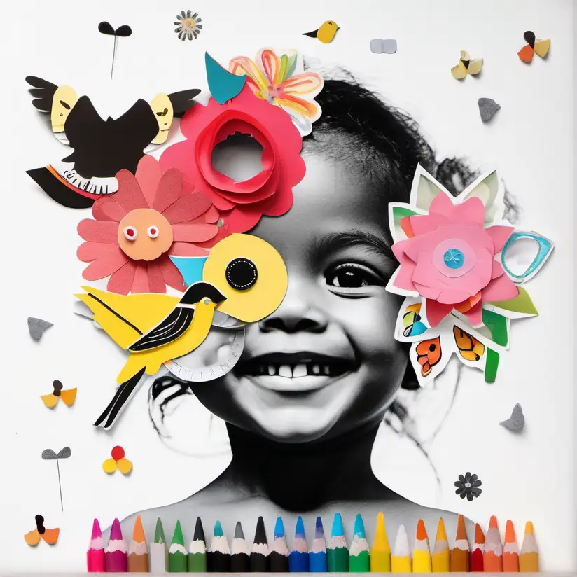 paper collage of one happy face of a little girl, black and white face. with colourful flowers and birds, crayons, pencils, scissors, pen, magnifying glass. White flat background
