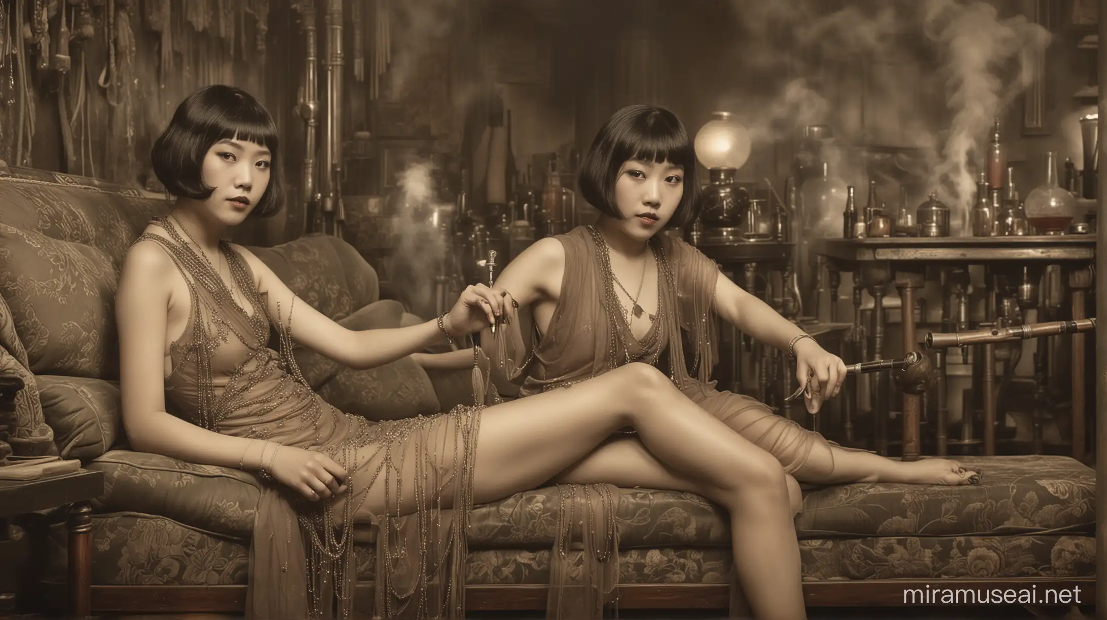 photographic portrait, 1920s: two Chinese flapper girls sitting side by side on a lectus couch: with pipes in a smoky opium den,  crowded with underworld figures in background, Chinese girls in short sensual silk dresses, low angle, anatomically correct, decadent Shanghai underworld, art photography, patina of photo slightly aged