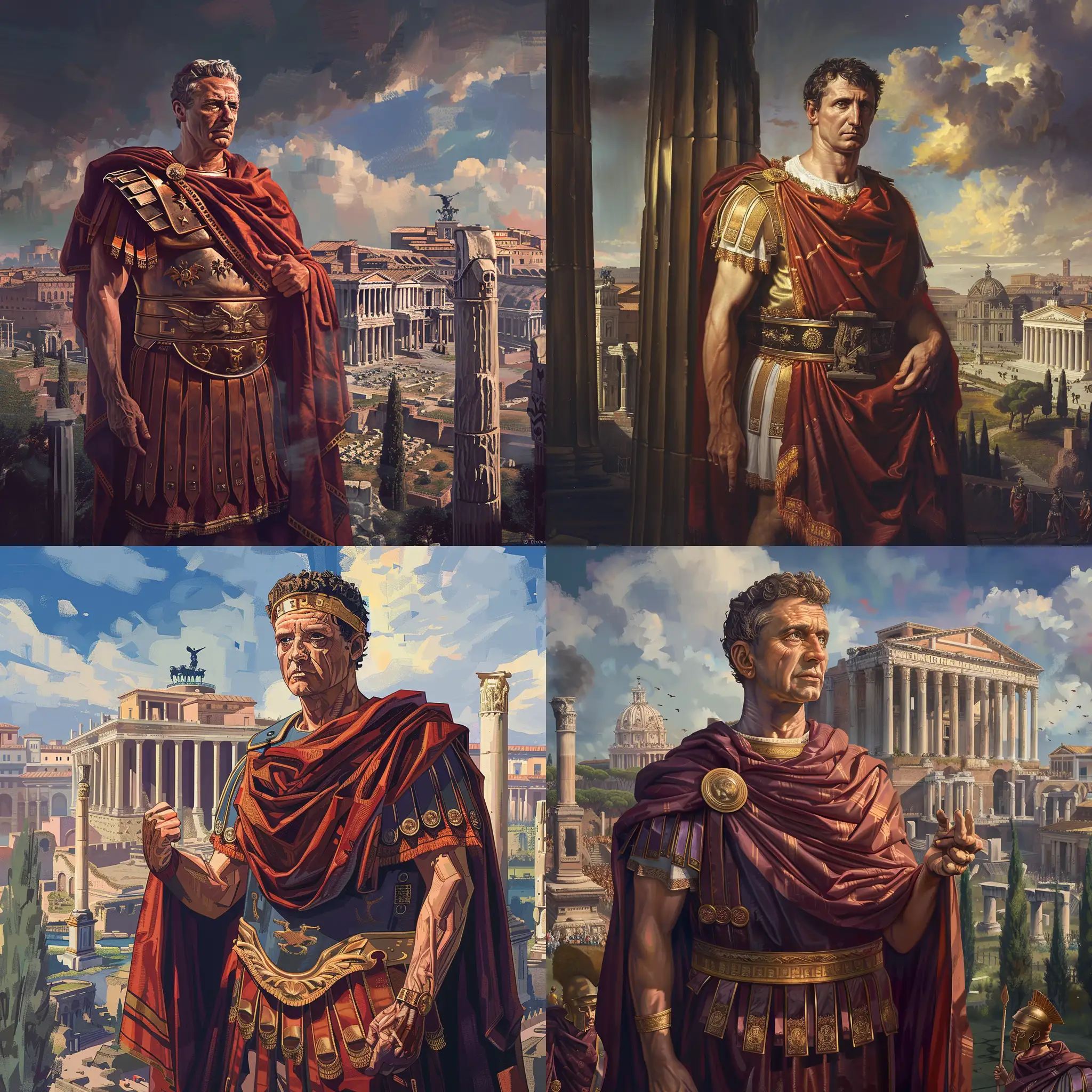 Julius Caesar, the great Roman emperor, standing in front of ancient Rome, artistic style