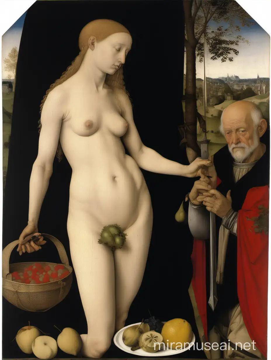 Рогир ван дер вейден молодая обнажённая женщина с фруктами и полный старый мужчина в доспехах