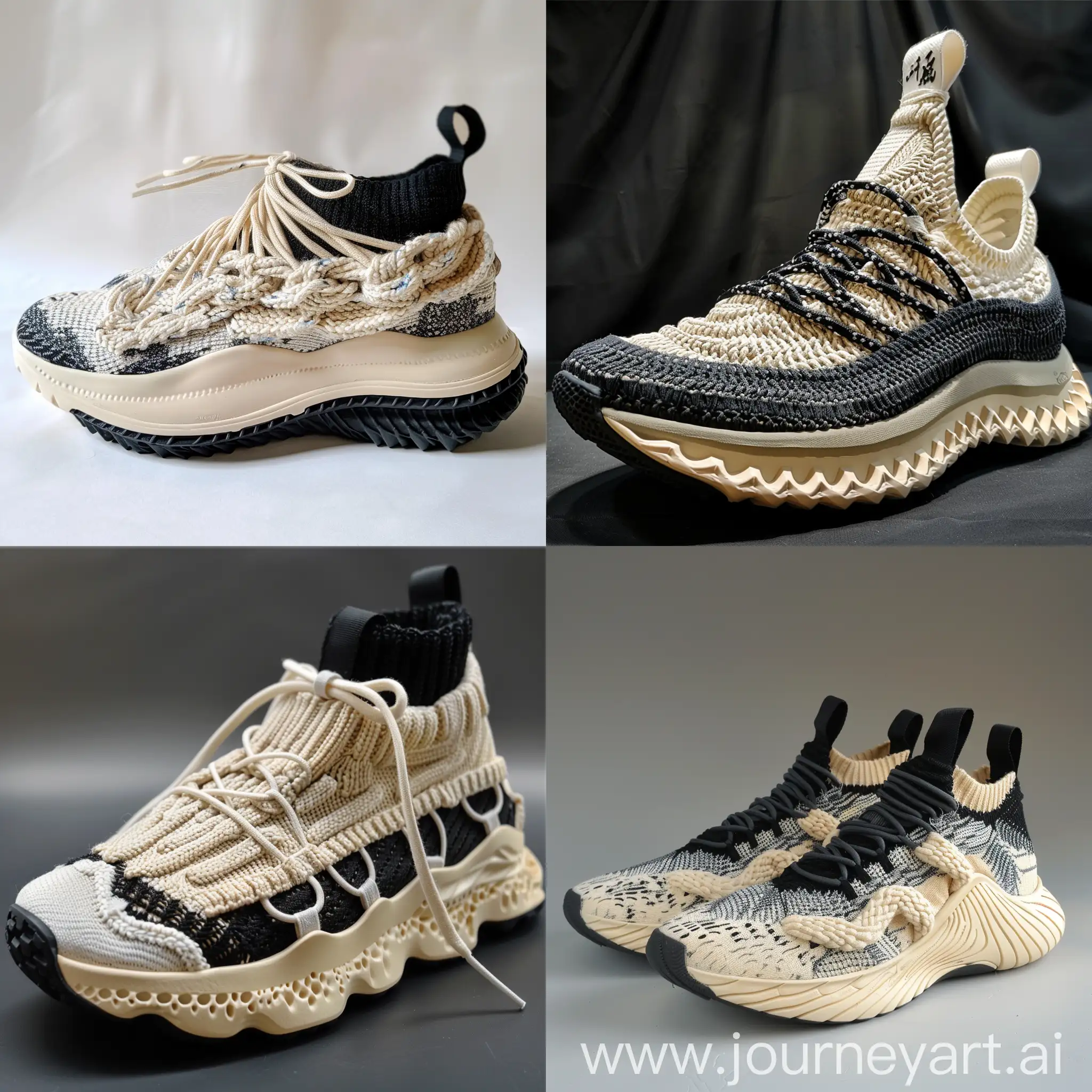 Sneakers design , inspired by peacock , cream color rubber midsole , knitted cables on midsole , some knitted cables on upper , upper color black and cream , low neck , black outsole , knitted laces